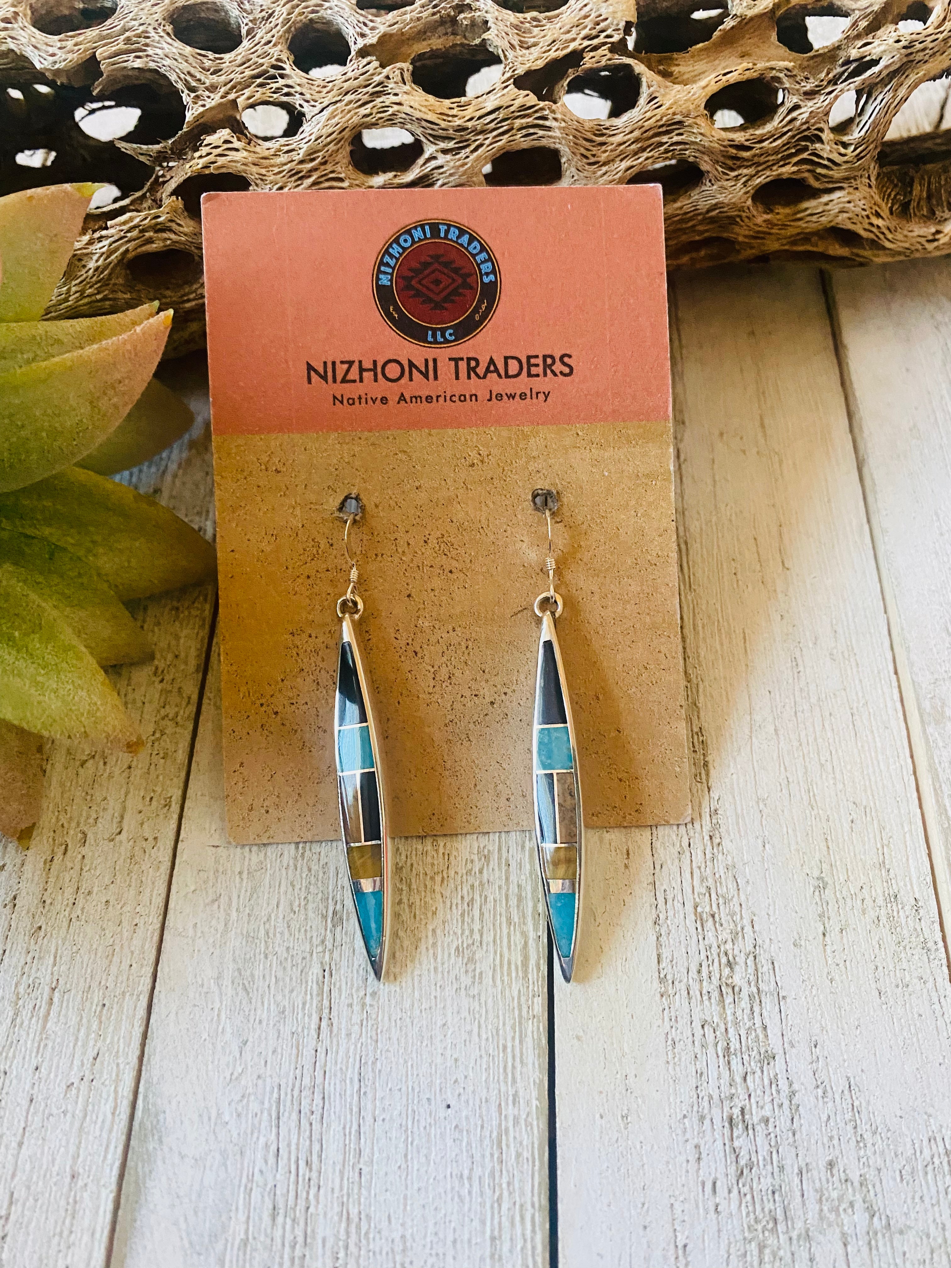 Navajo Multi Stone & Sterling Silver Inlay Dangle Earrings