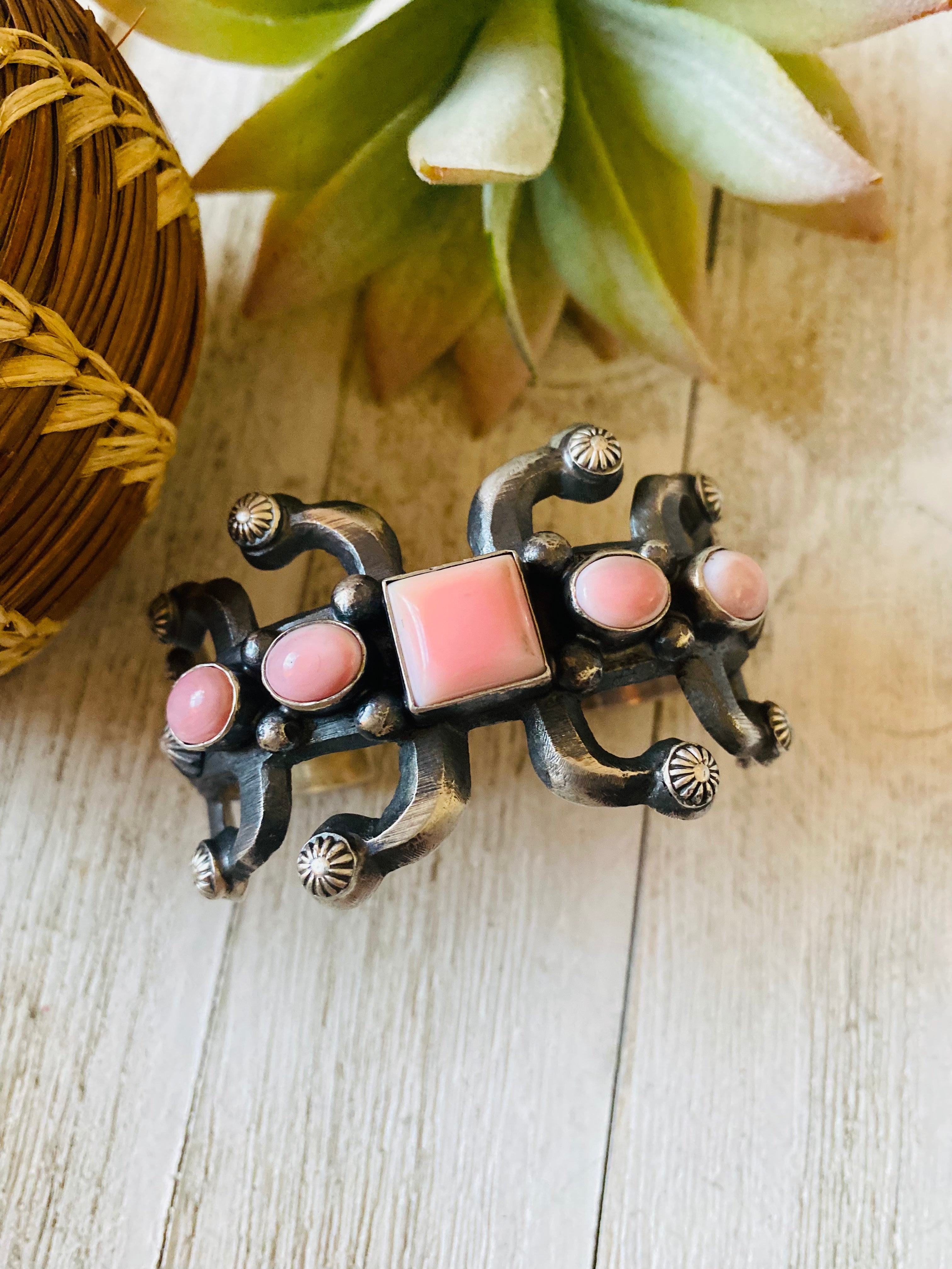 Navajo Queen Pink Conch Shell & Sterling Silver Cuff Bracelet by Chimney Butte