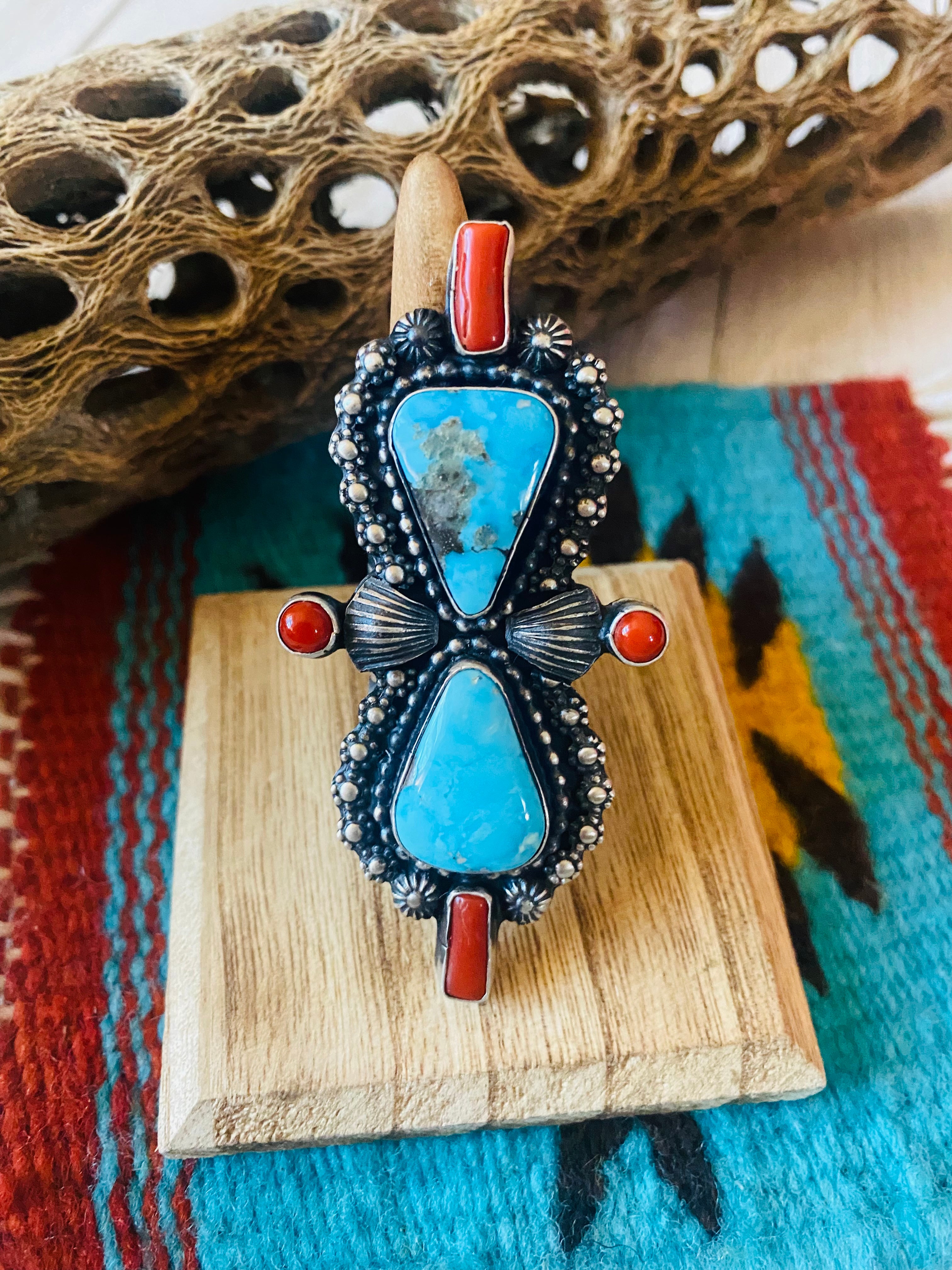 Navajo Sterling Kingman Turquoise & Red Coral Ring Size 9 By Shawn Cayatineto