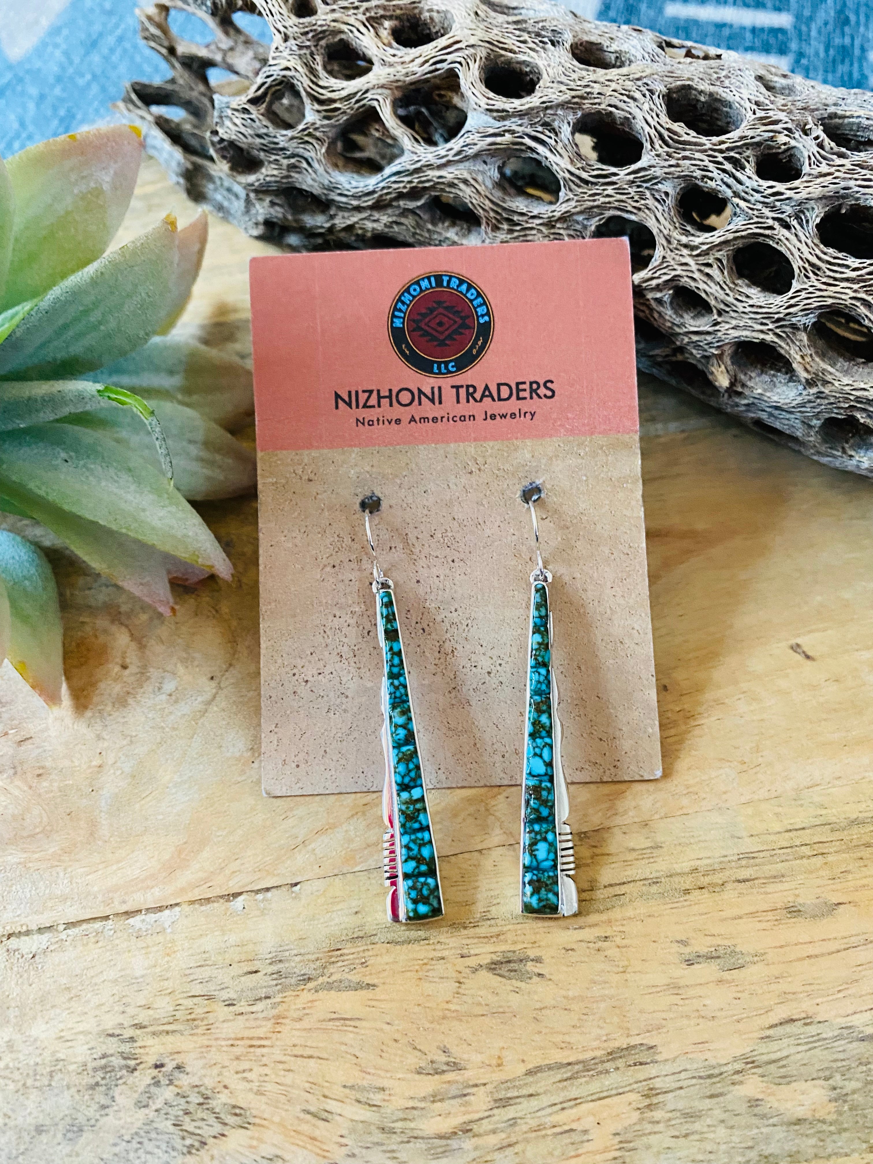 Navajo Kingman Web Turquoise & Sterling Silver Inlay Dangle Earrings