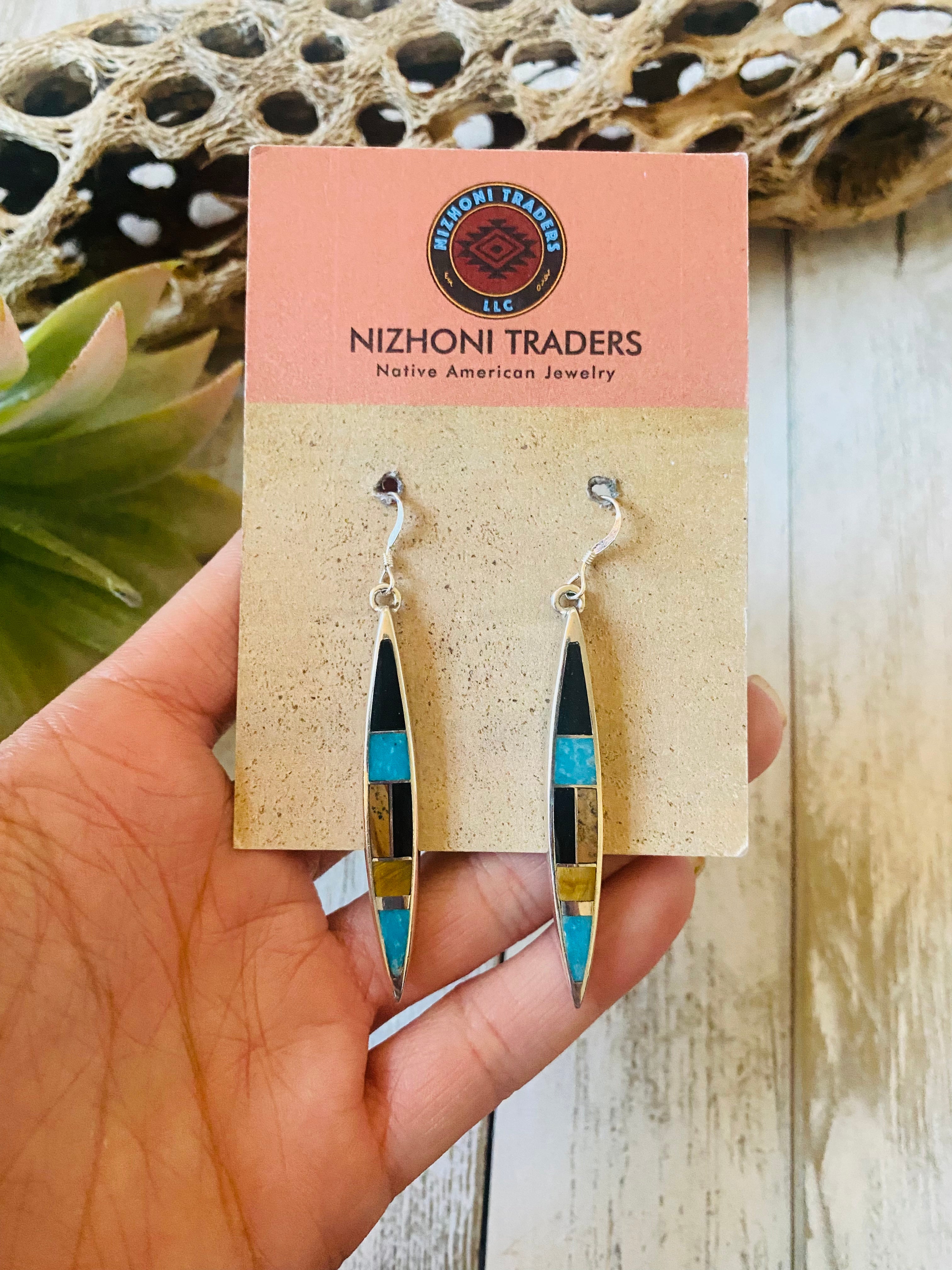 Navajo Multi Stone & Sterling Silver Inlay Dangle Earrings