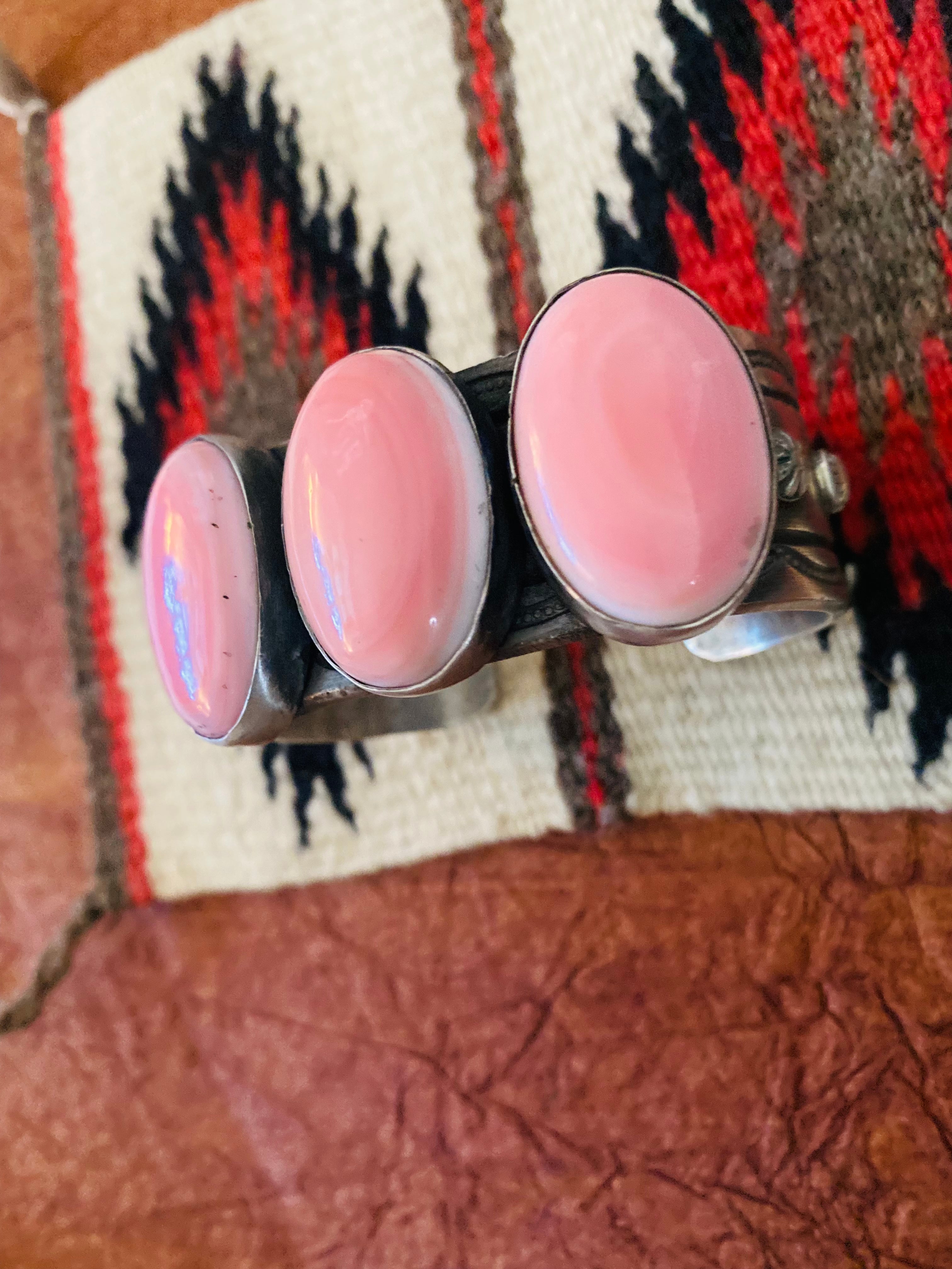 Navajo Queen Pink Conch Shell & Sterling Silver Cuff Bracelet By Chimney Butte