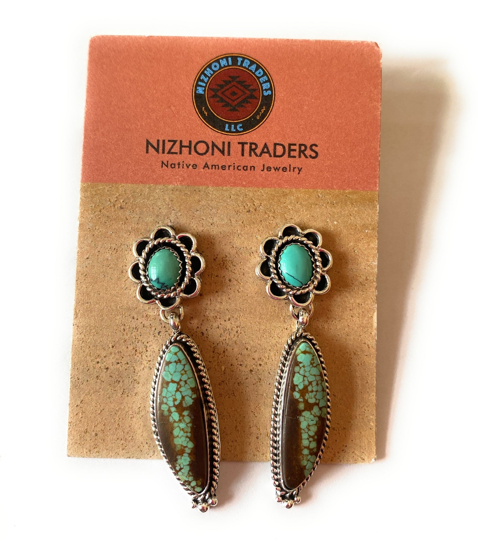 Navajo Number 8 Turquoise & Sterling Silver Flower Dangle Earrings