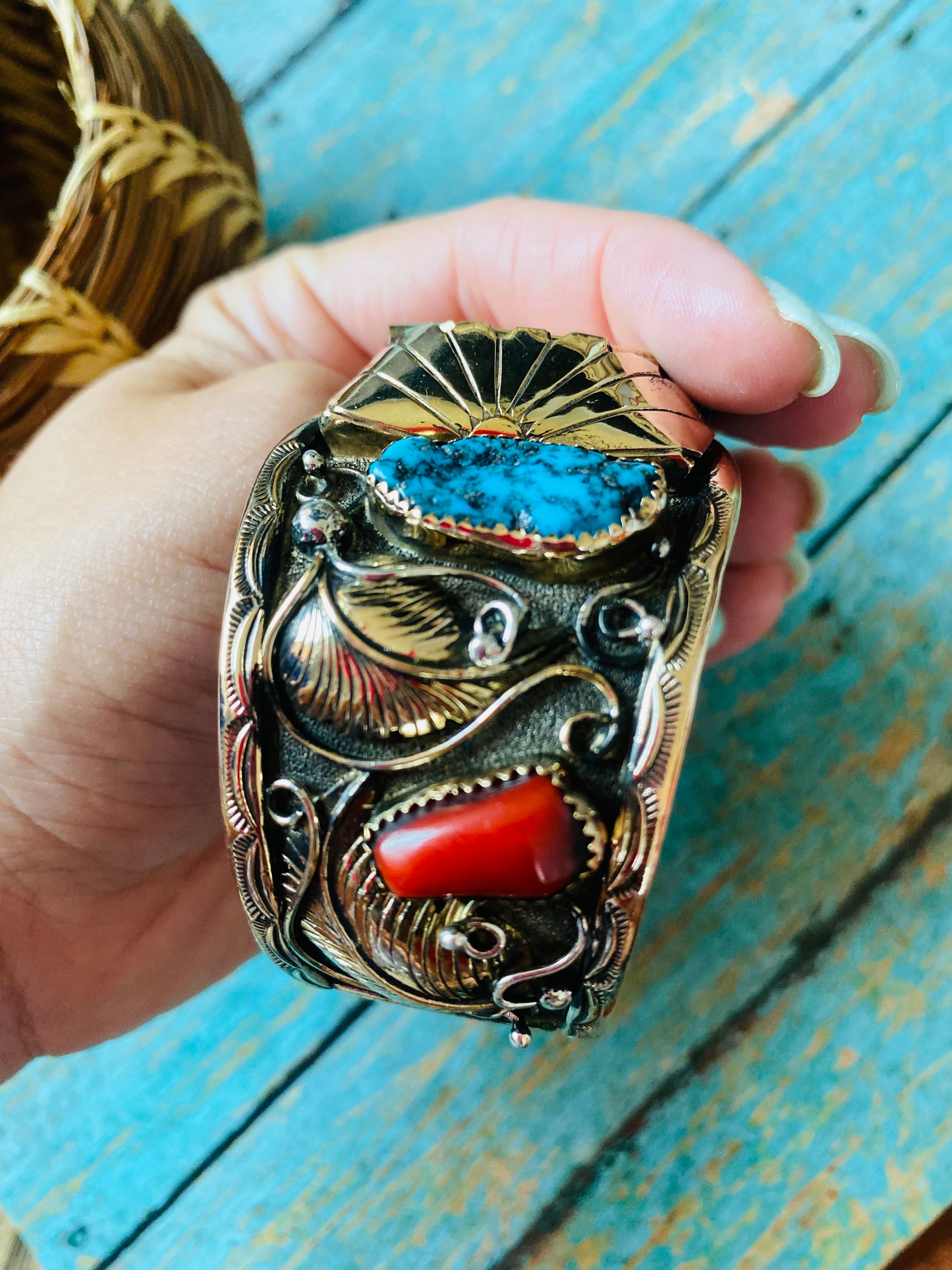 Old Pawn Vintage Navajo Coral, Turquoise & Sterling Silver Watch Cuff