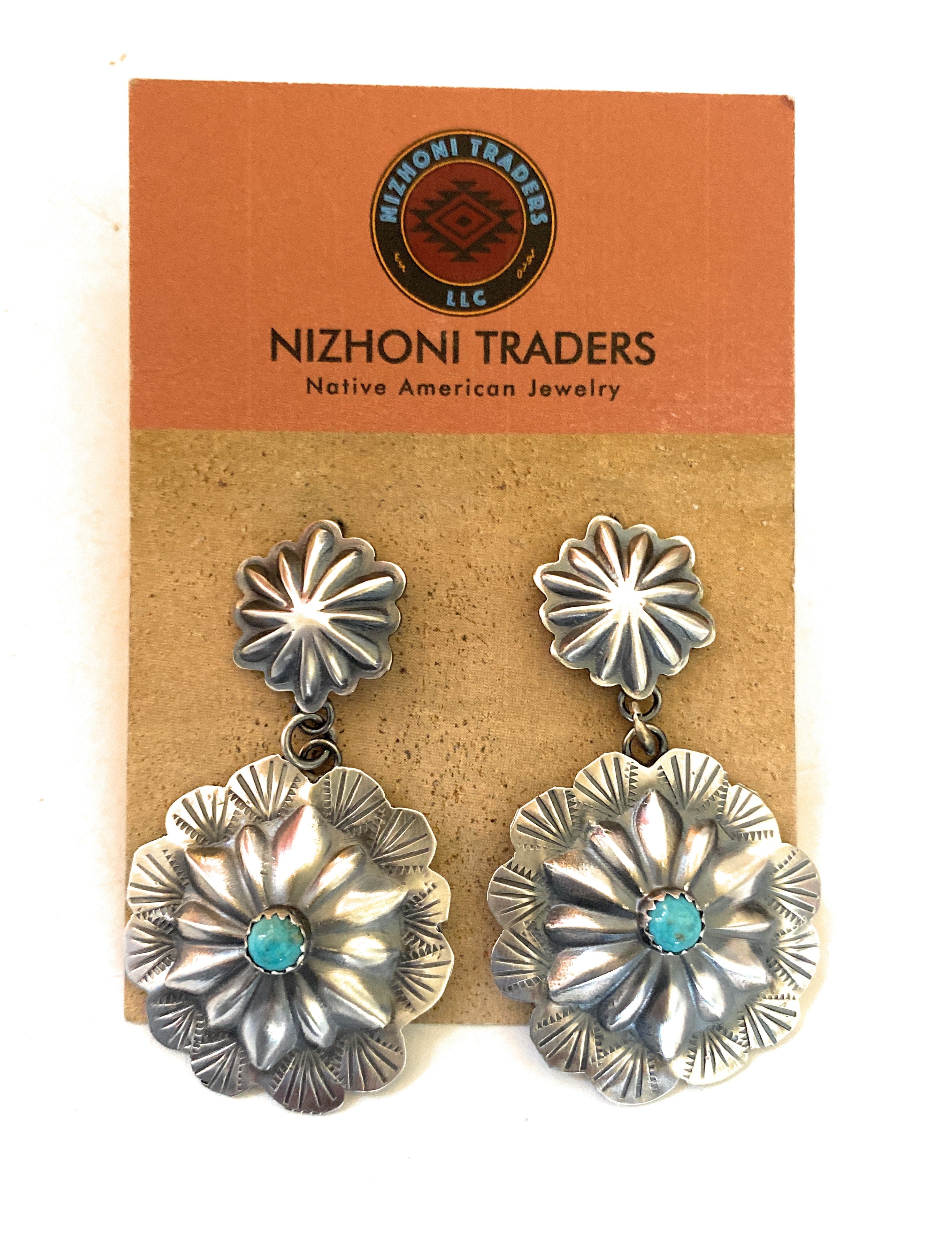 Navajo Turquoise & Sterling Silver Concho Dangle Earrings