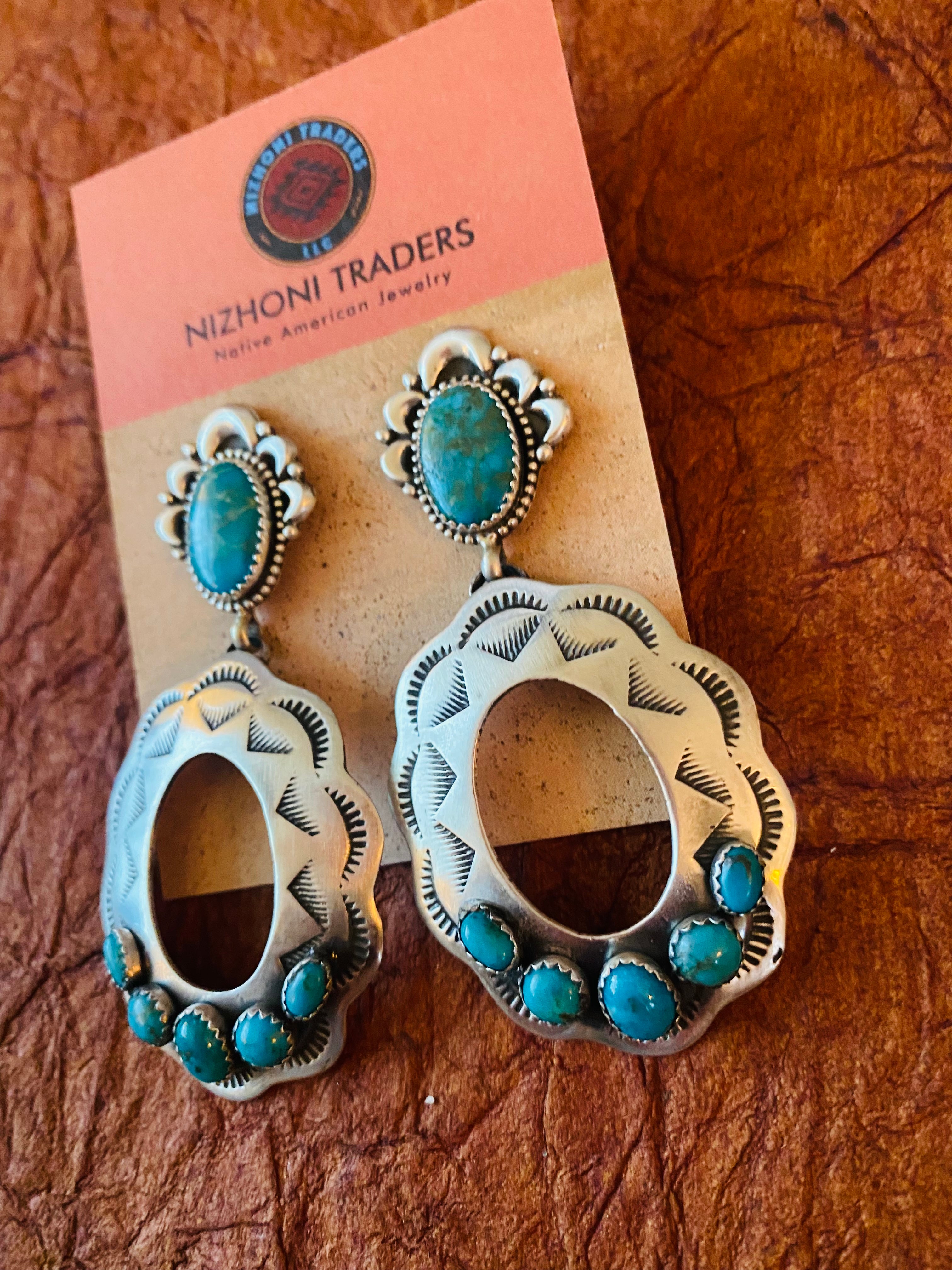 Navajo Sterling Silver & Turquoise Concho Dangle Earrings