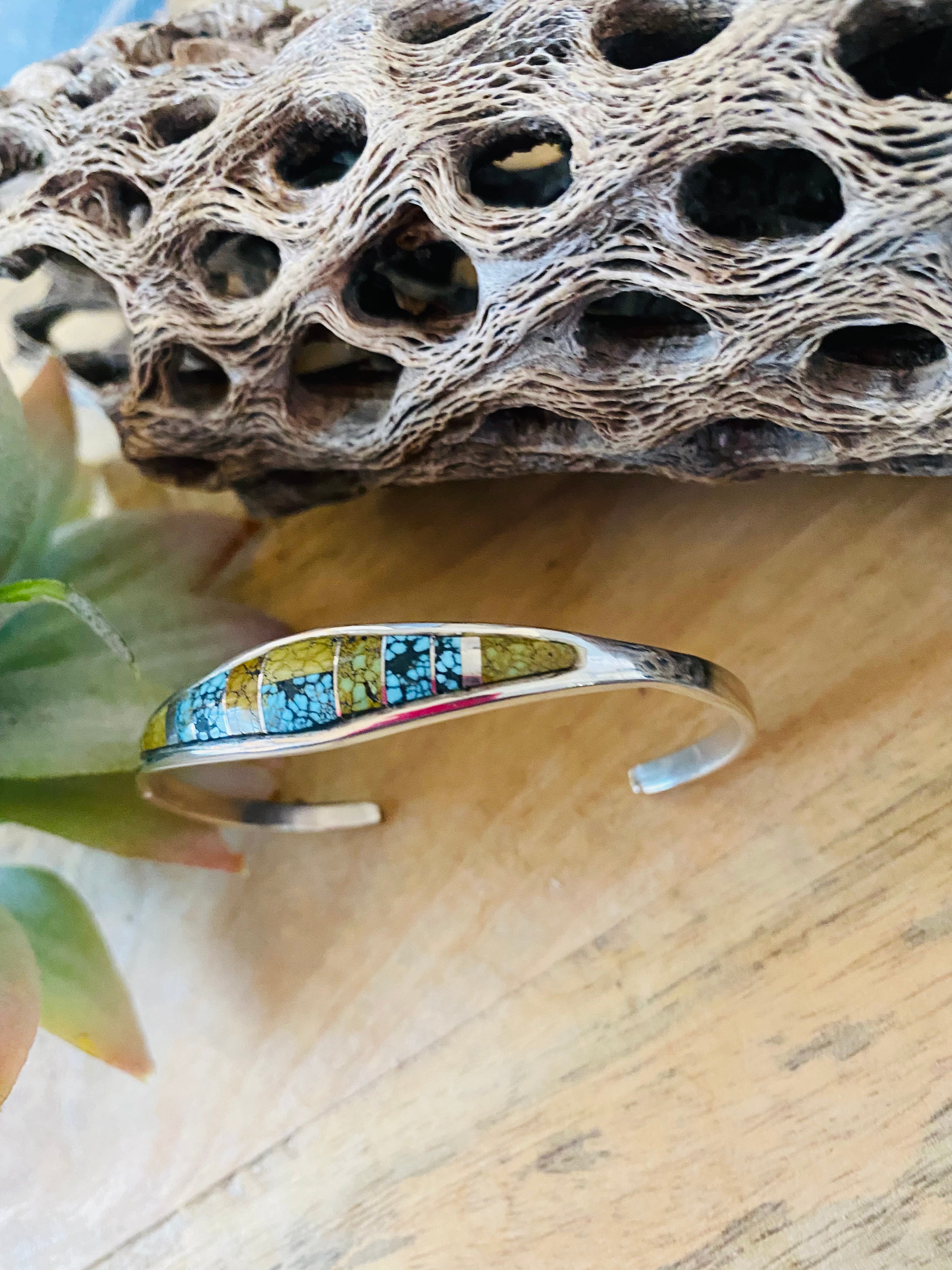 Navajo Sterling Silver & Natural Blue Moon Turquoise Inlay Cuff Bracelet