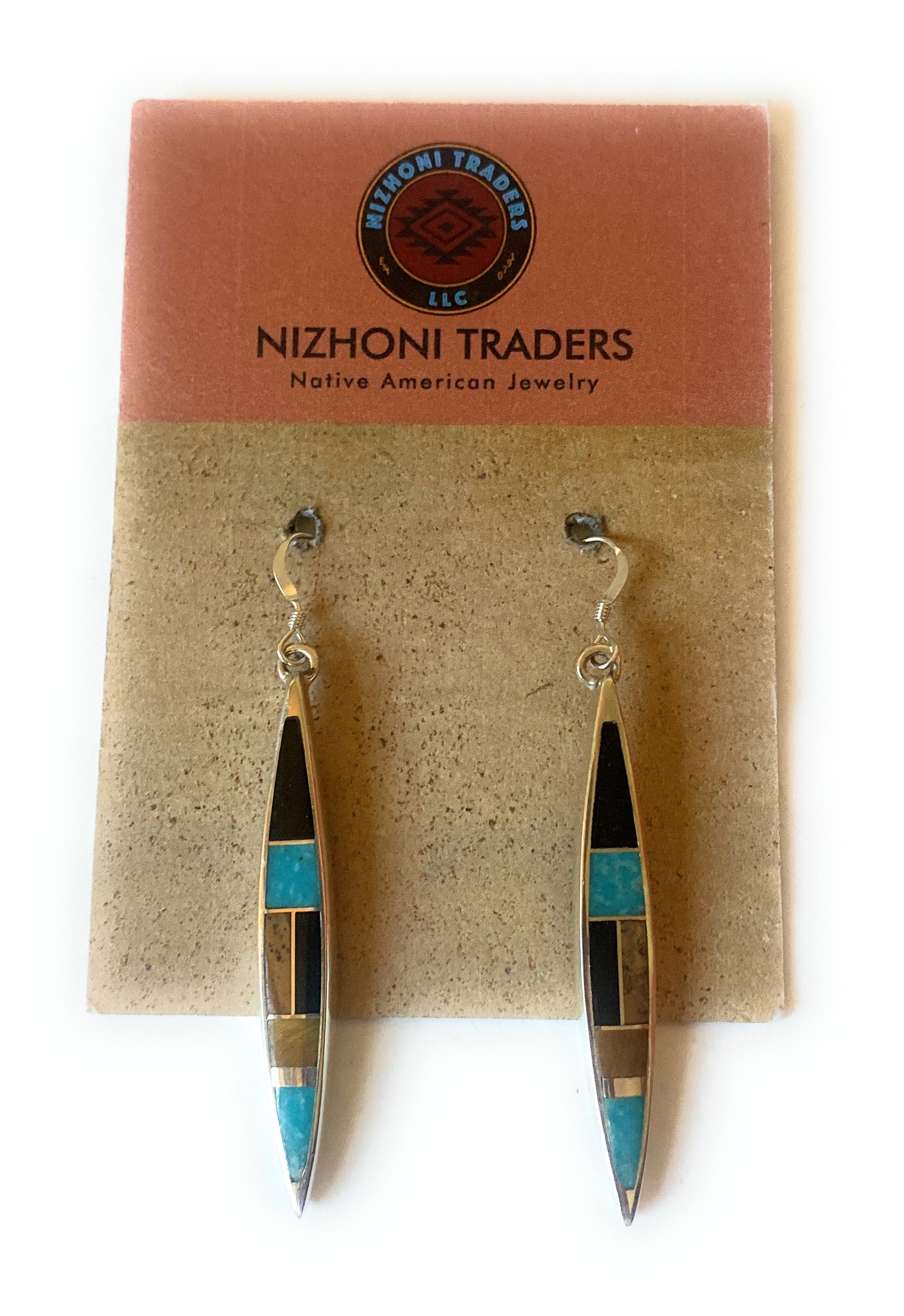 Navajo Multi Stone & Sterling Silver Inlay Dangle Earrings