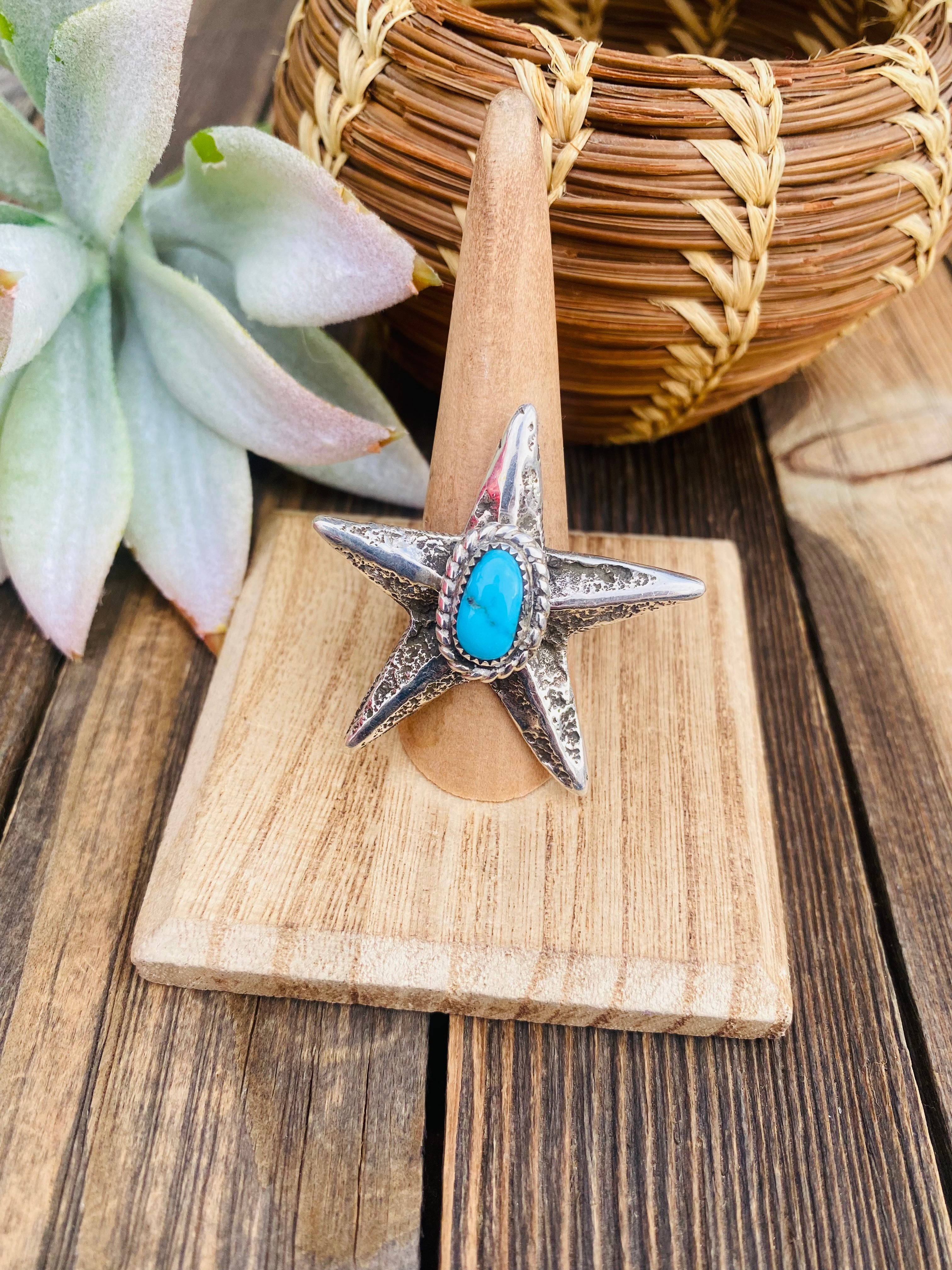 Navajo Turquoise & Sterling Silver Star Ring Size 7.5 Signed