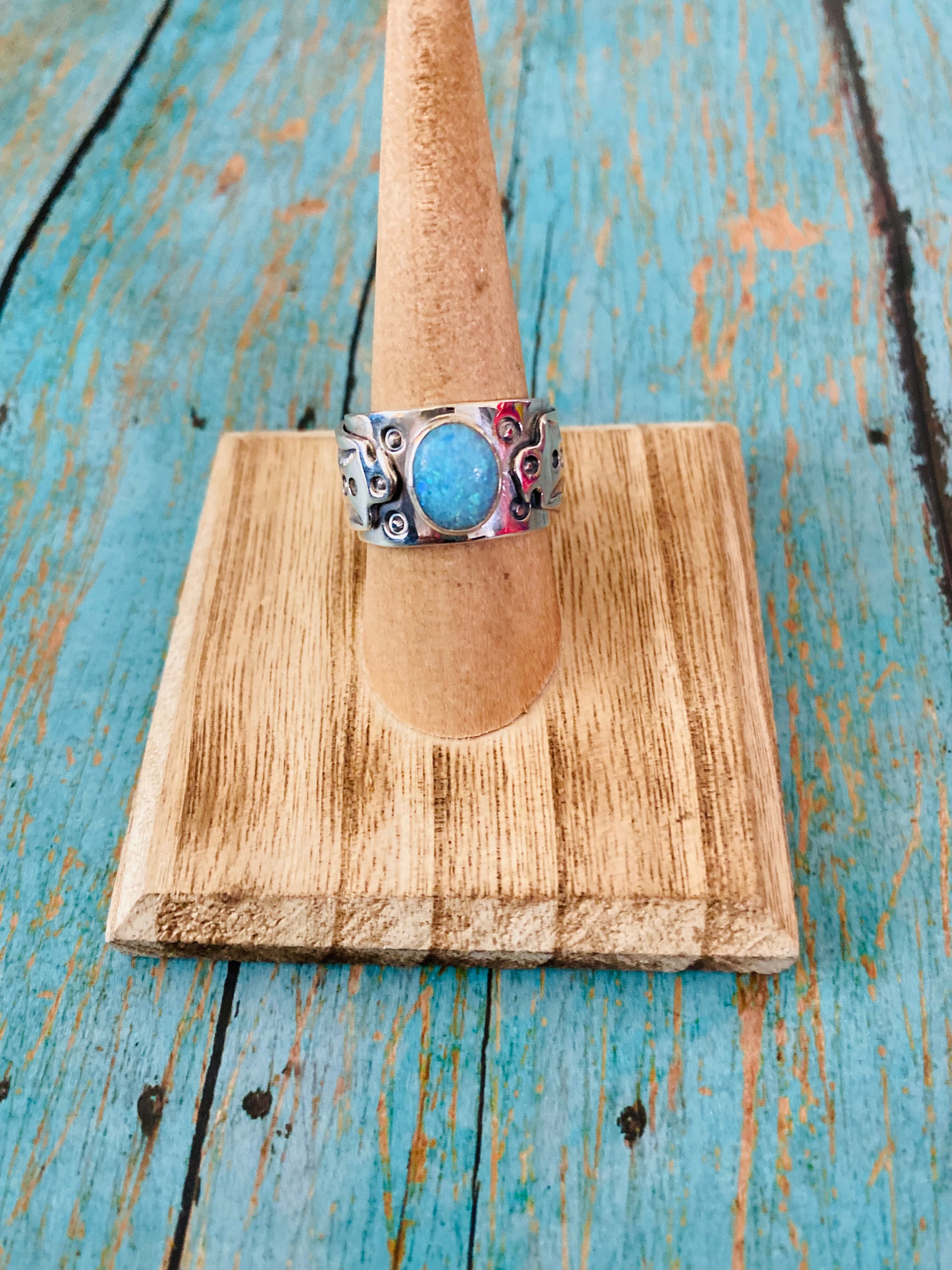 Navajo Thunderbird Sterling Silver & Blue Opal Ring Size 8