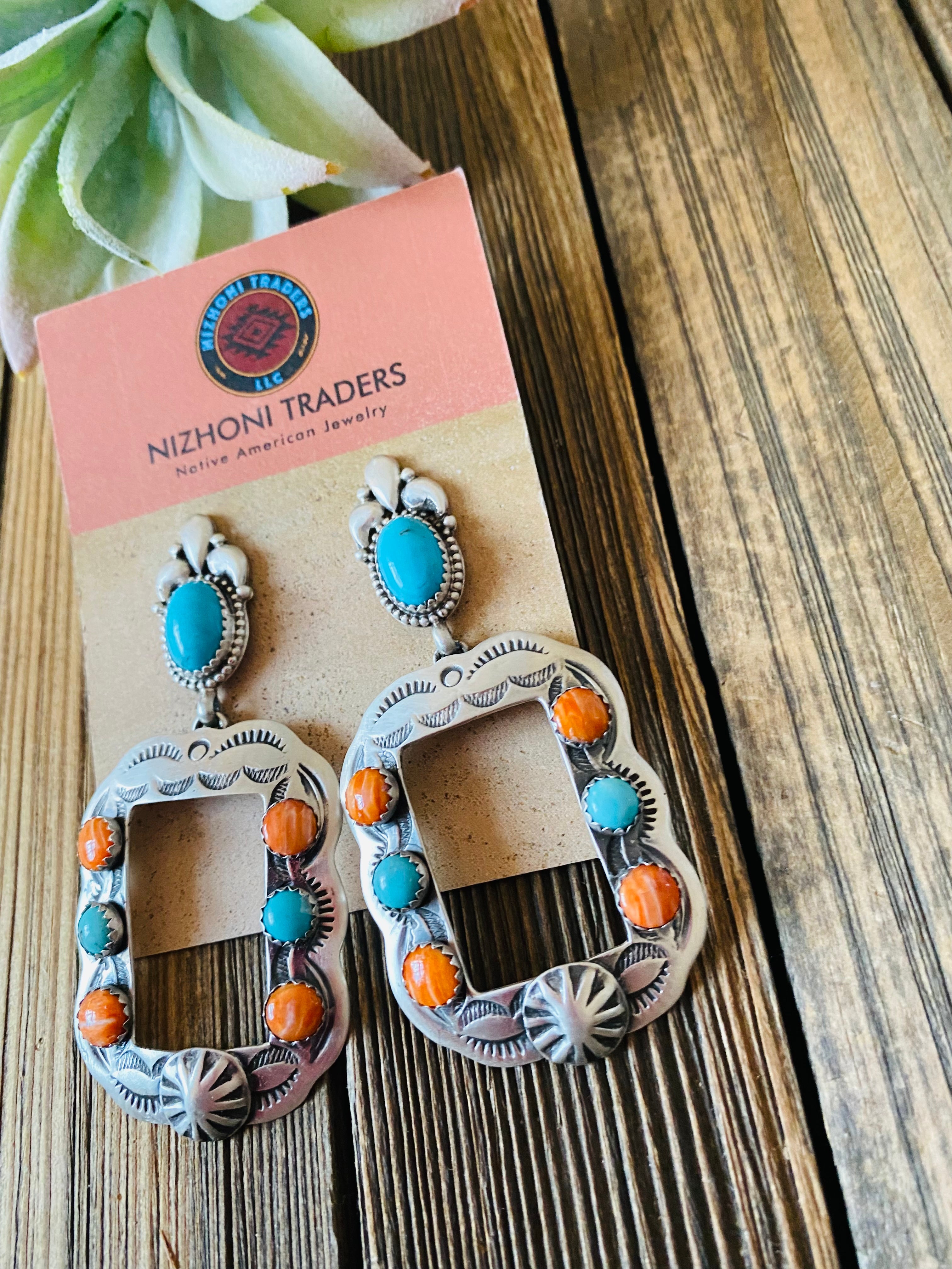 Navajo Turquoise, Spiny & Sterling Silver Concho Dangle Earrings