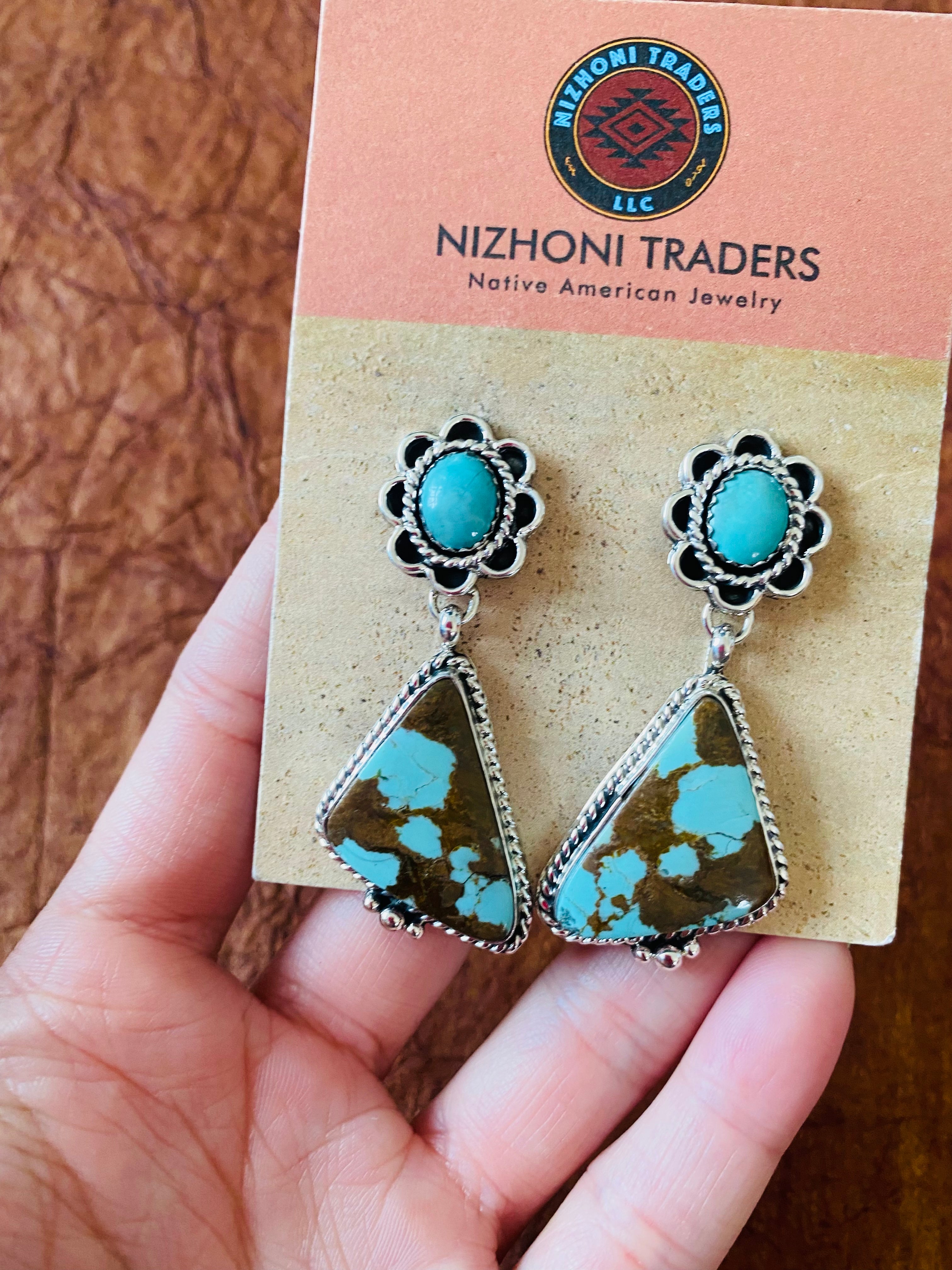 Navajo Number 8 Turquoise & Sterling Silver Flower Dangle Earrings