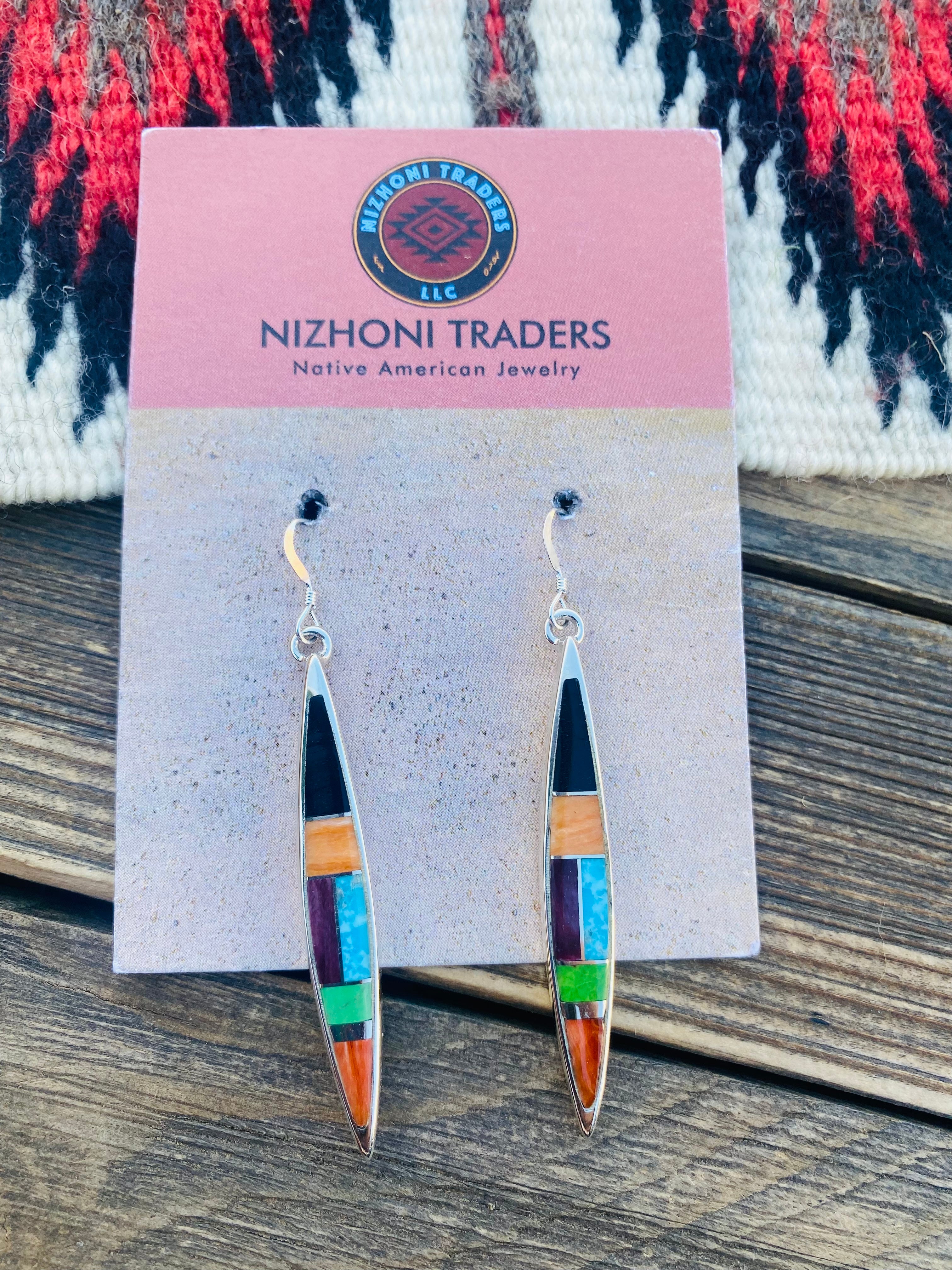 Navajo Multi Stone & Sterling Silver Inlay Dangle Earrings