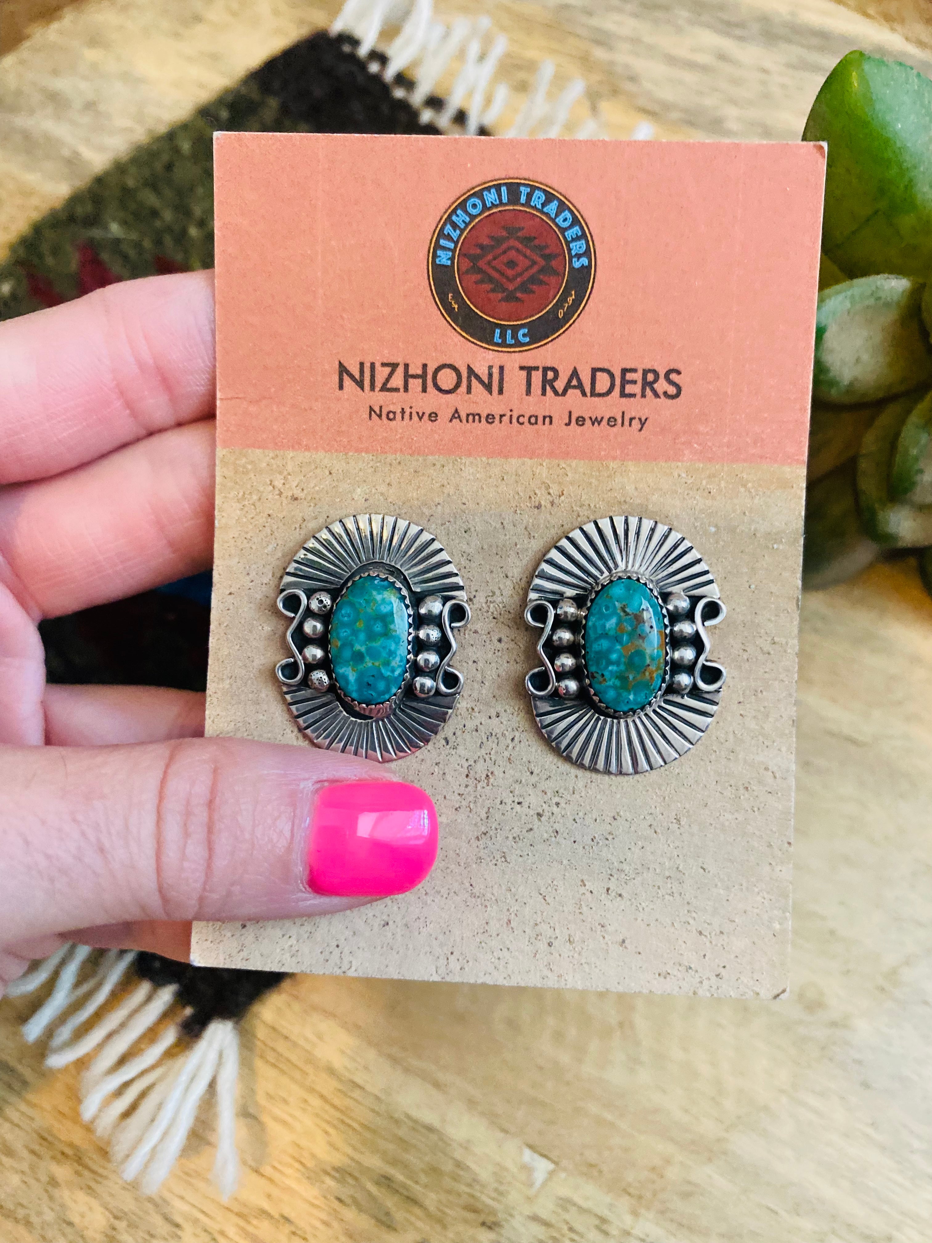 Navajo Sterling Silver & Royston Turquoise Post Earrings Signed