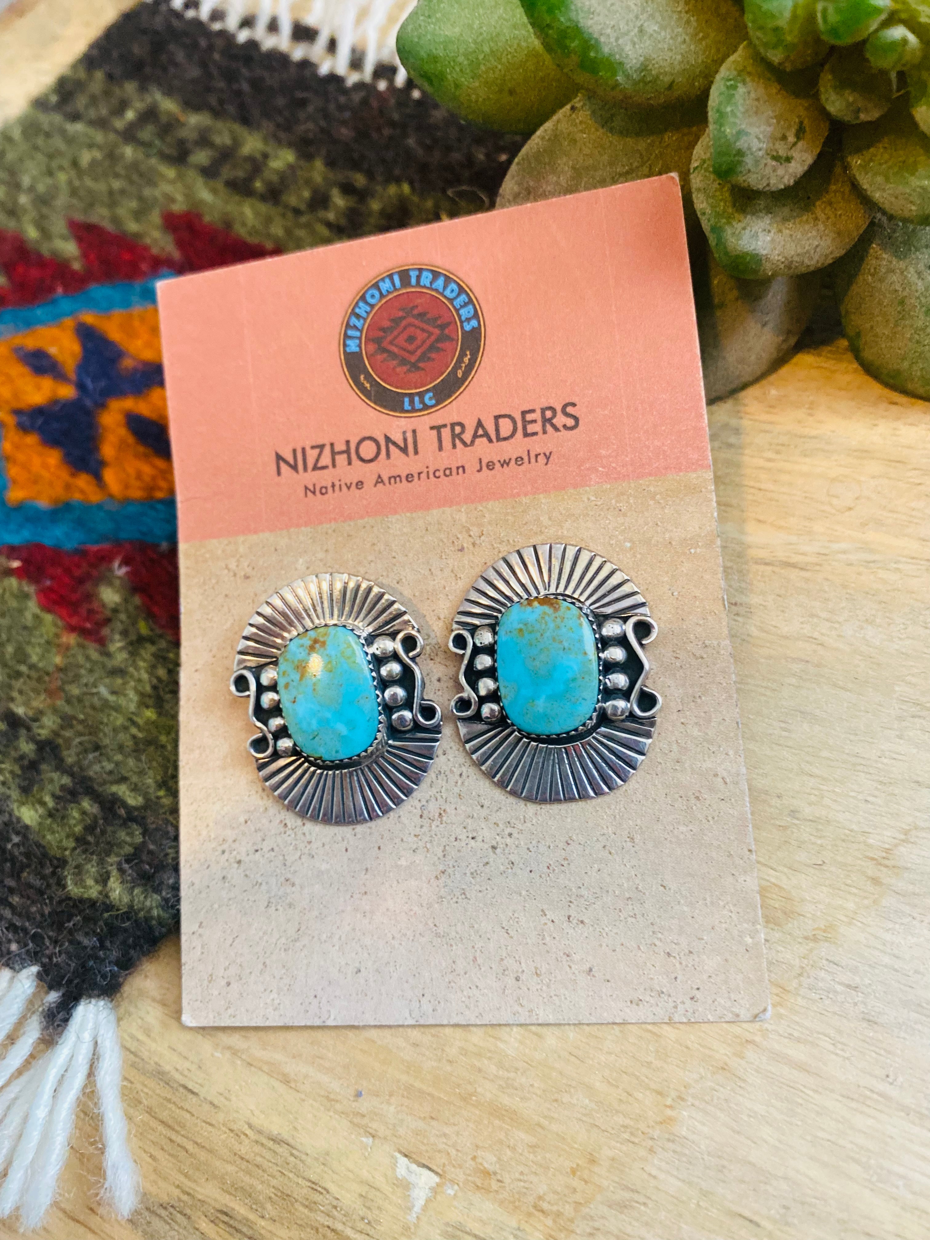 Navajo Sterling Silver & Royston Turquoise Post Earrings Signed