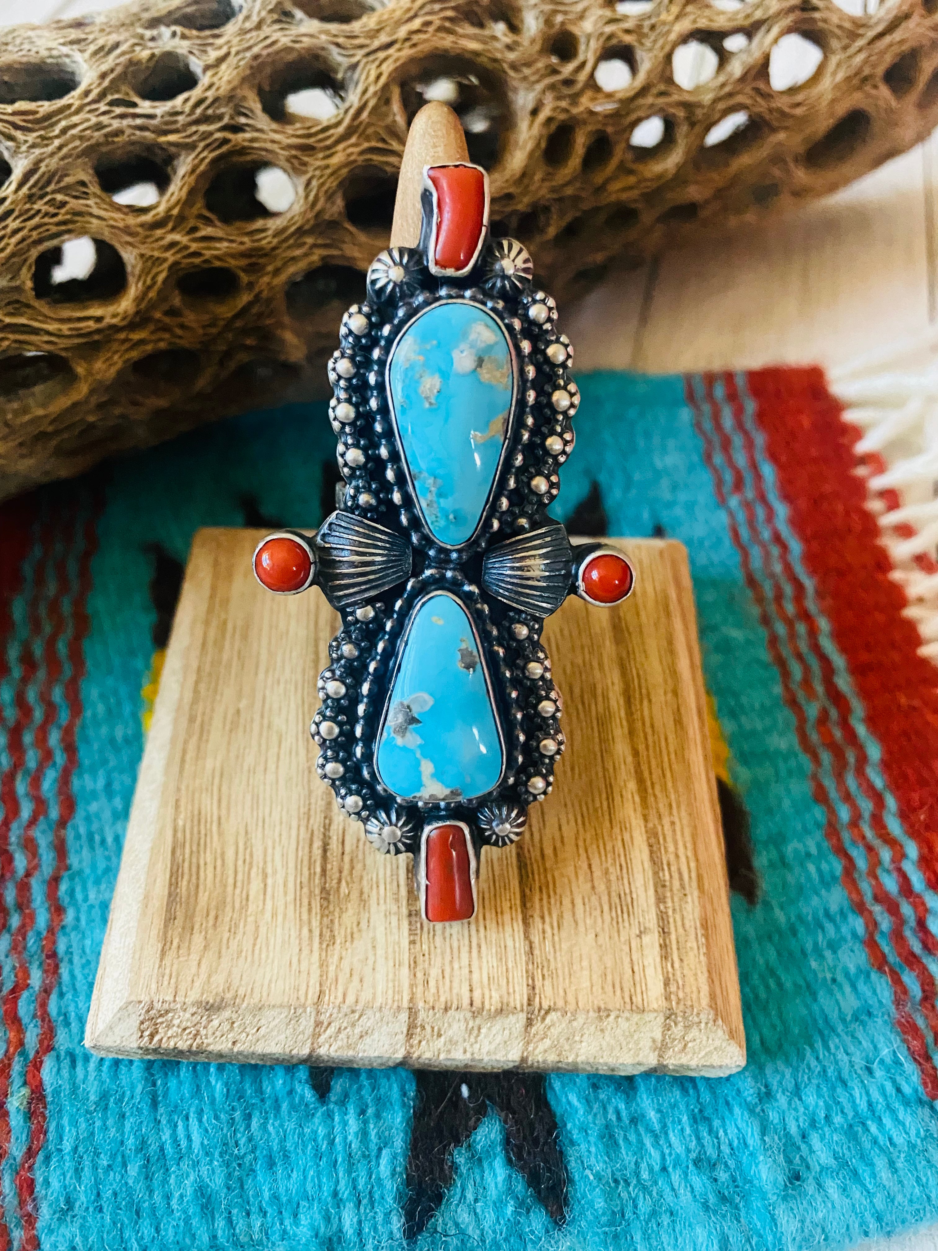 Navajo Sterling Kingman Turquoise & Red Coral Ring Size 8.5 By Shawn Cayatineto