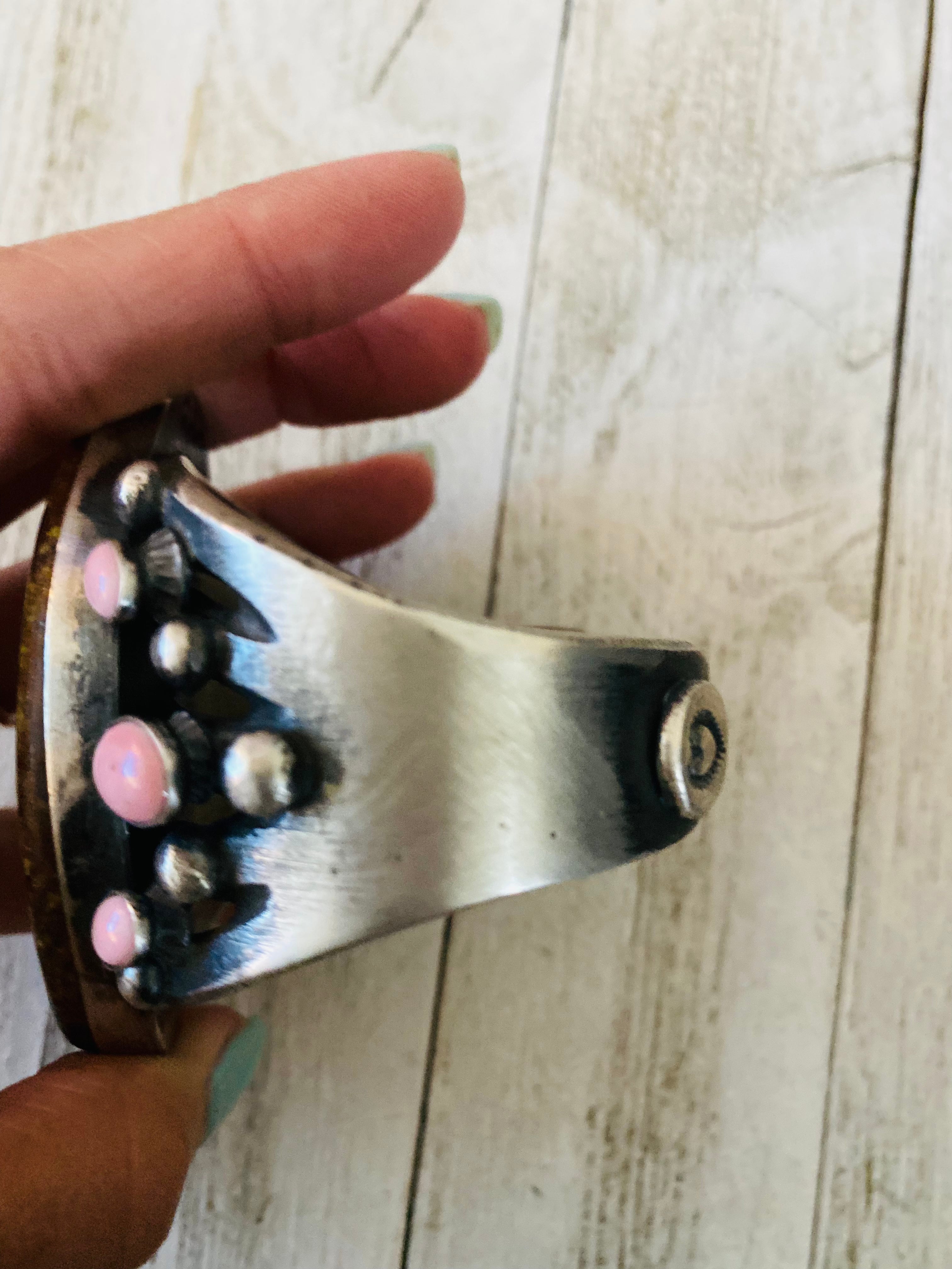 Navajo Turquoise, Queen Pink Conch Shell & Sterling Silver Cuff Bracelet By Chimney Butte