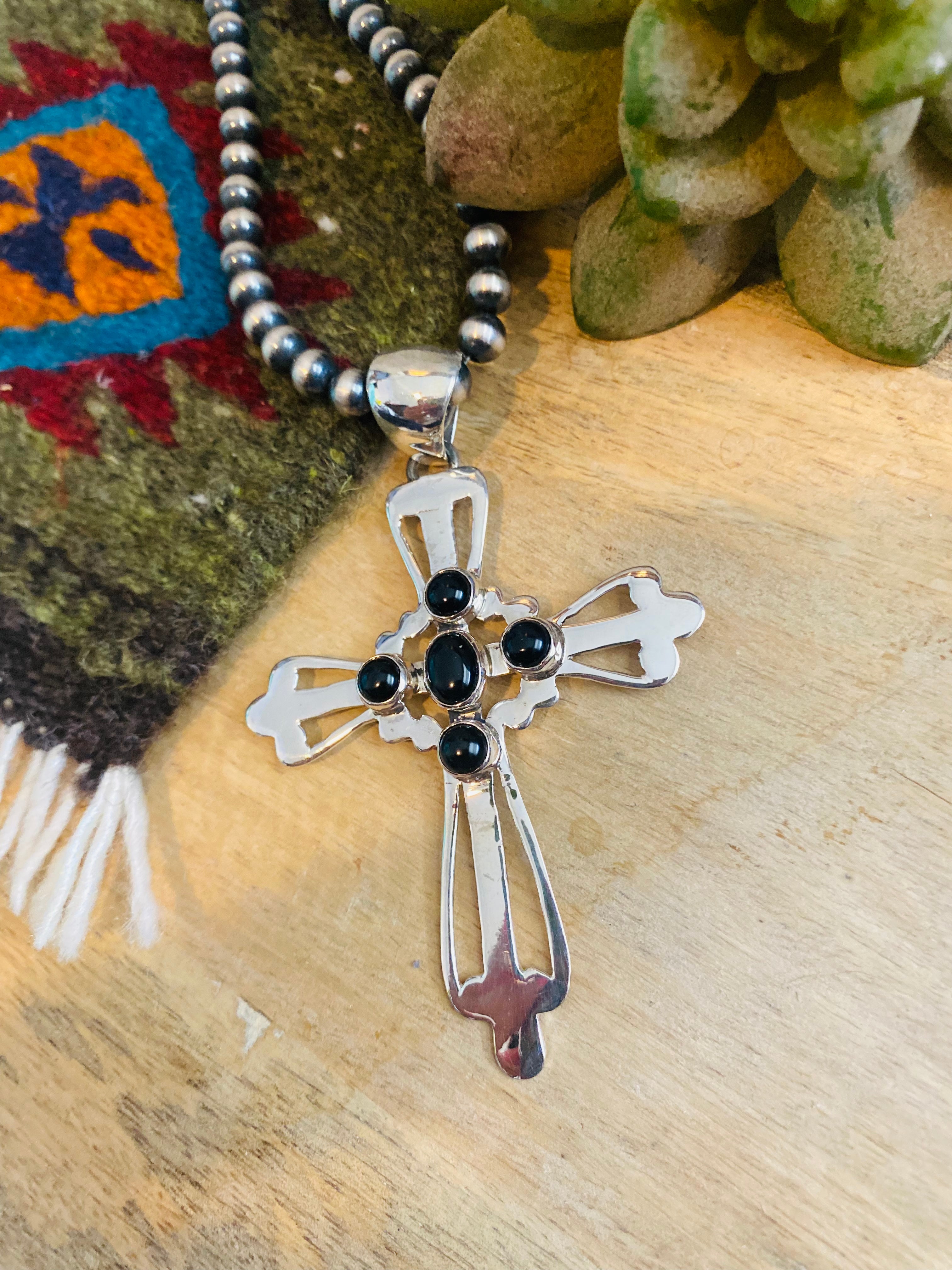 Navajo Onyx & Sterling Silver Cross Pendant Signed