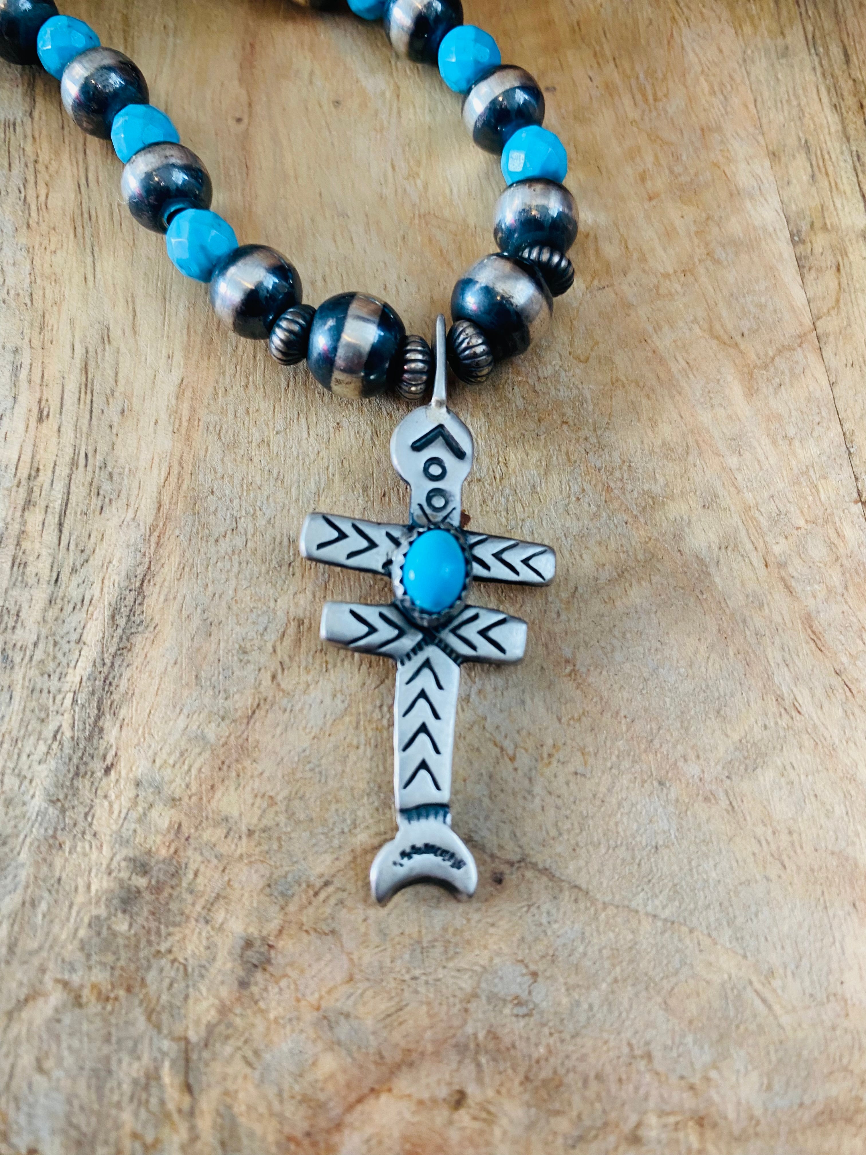 Sterling Silver Navajo Pearl Turquoise Beaded Cross Necklace