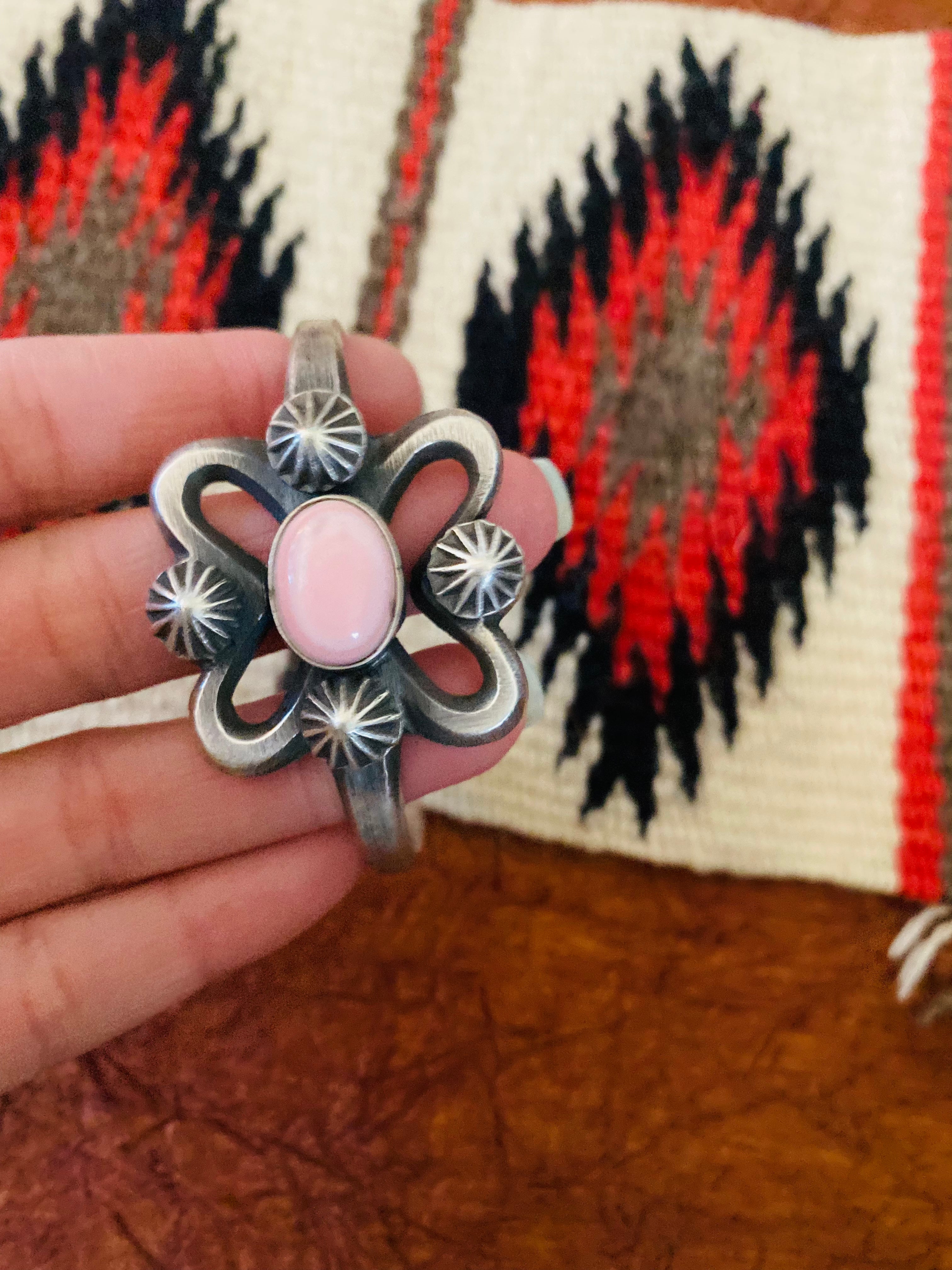 Navajo Queen Pink Conch Shell & Sterling Silver Cuff Bracelet By Chimney Butte