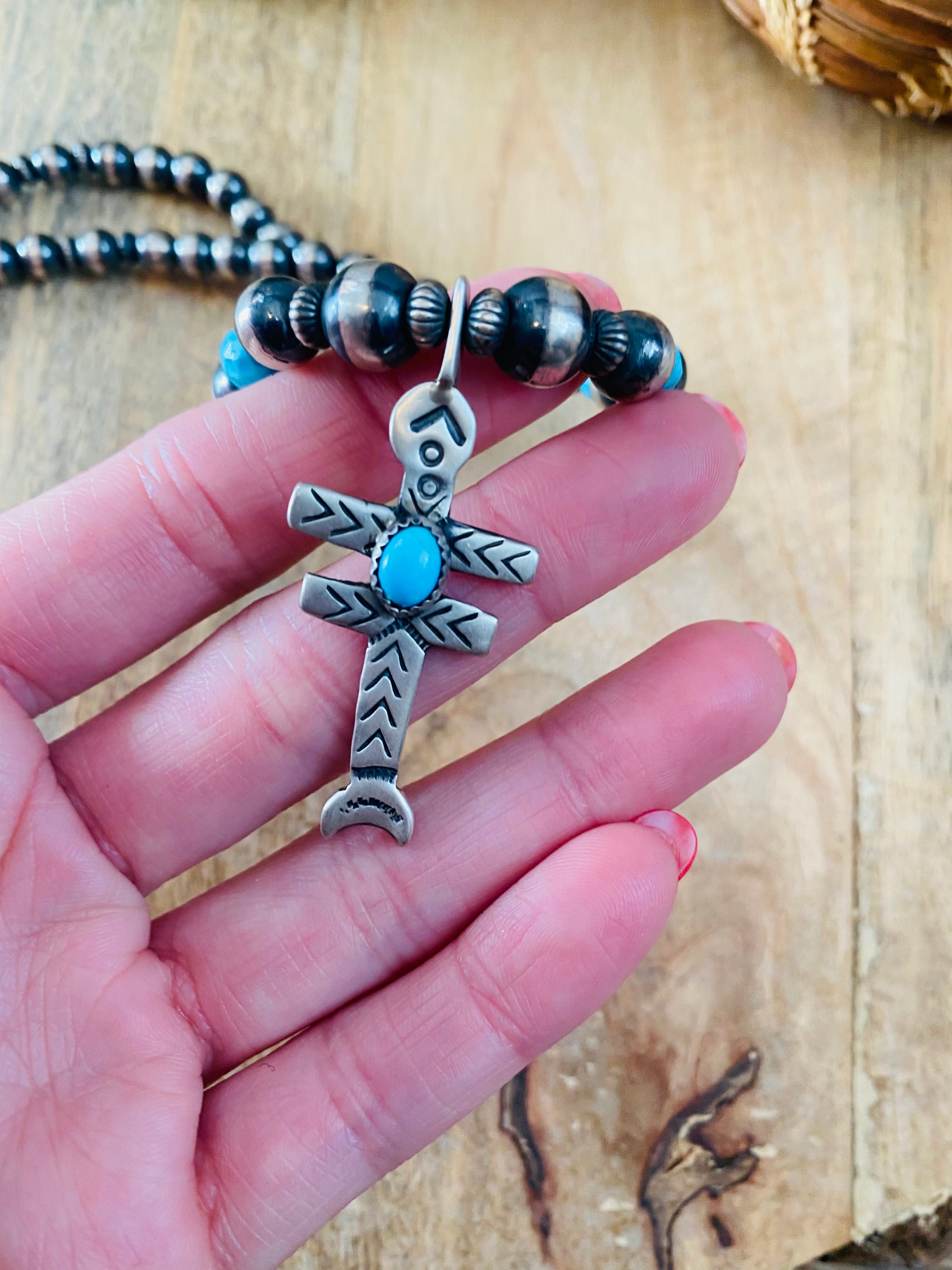 Sterling Silver Navajo Pearl & Turquoise Beaded Cross Necklace