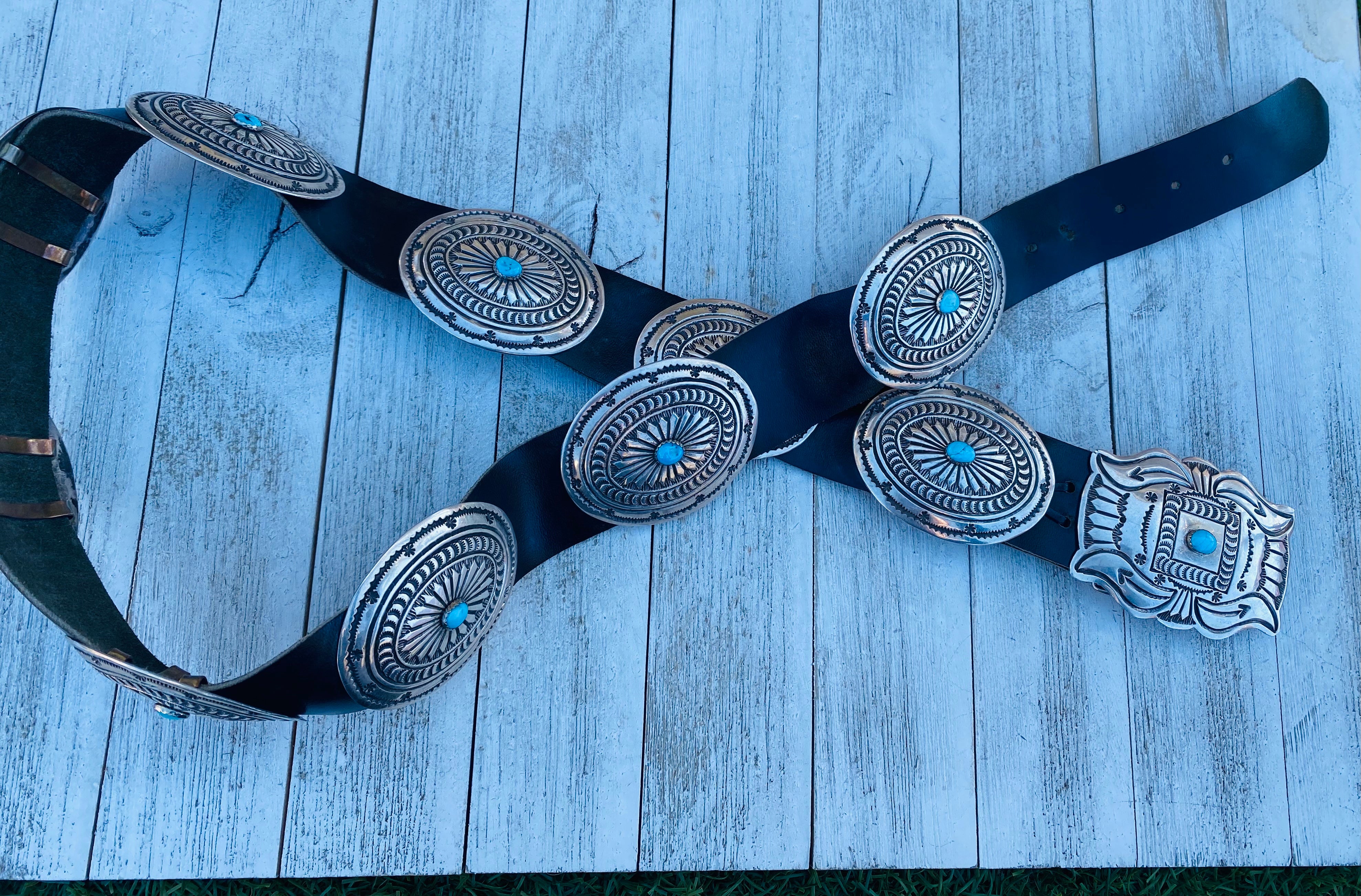 Vintage Navajo Black Leather And Sterling Silver Turquoise Concho Belt