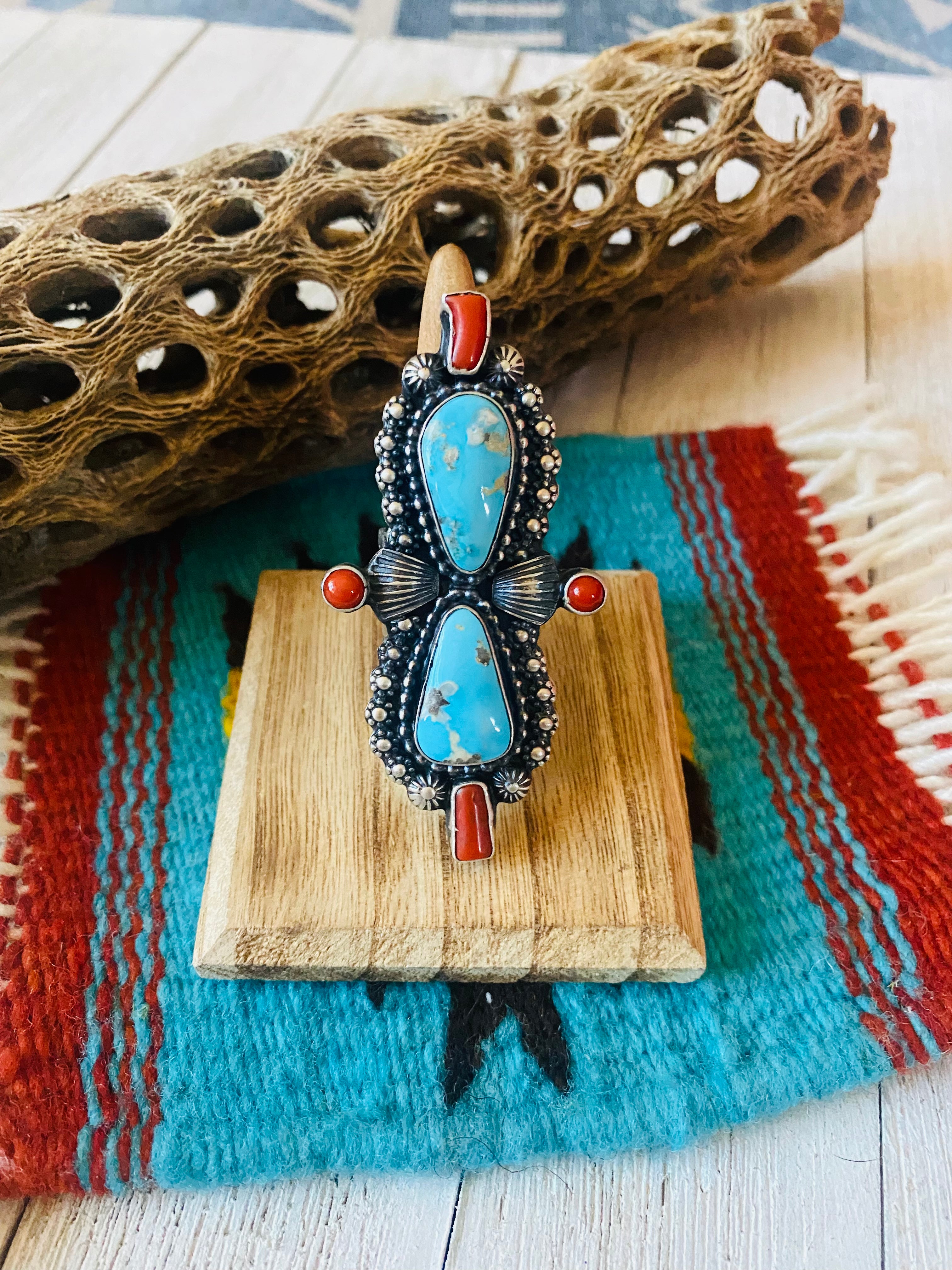 Navajo Sterling Kingman Turquoise & Red Coral Ring Size 8.5 By Shawn Cayatineto