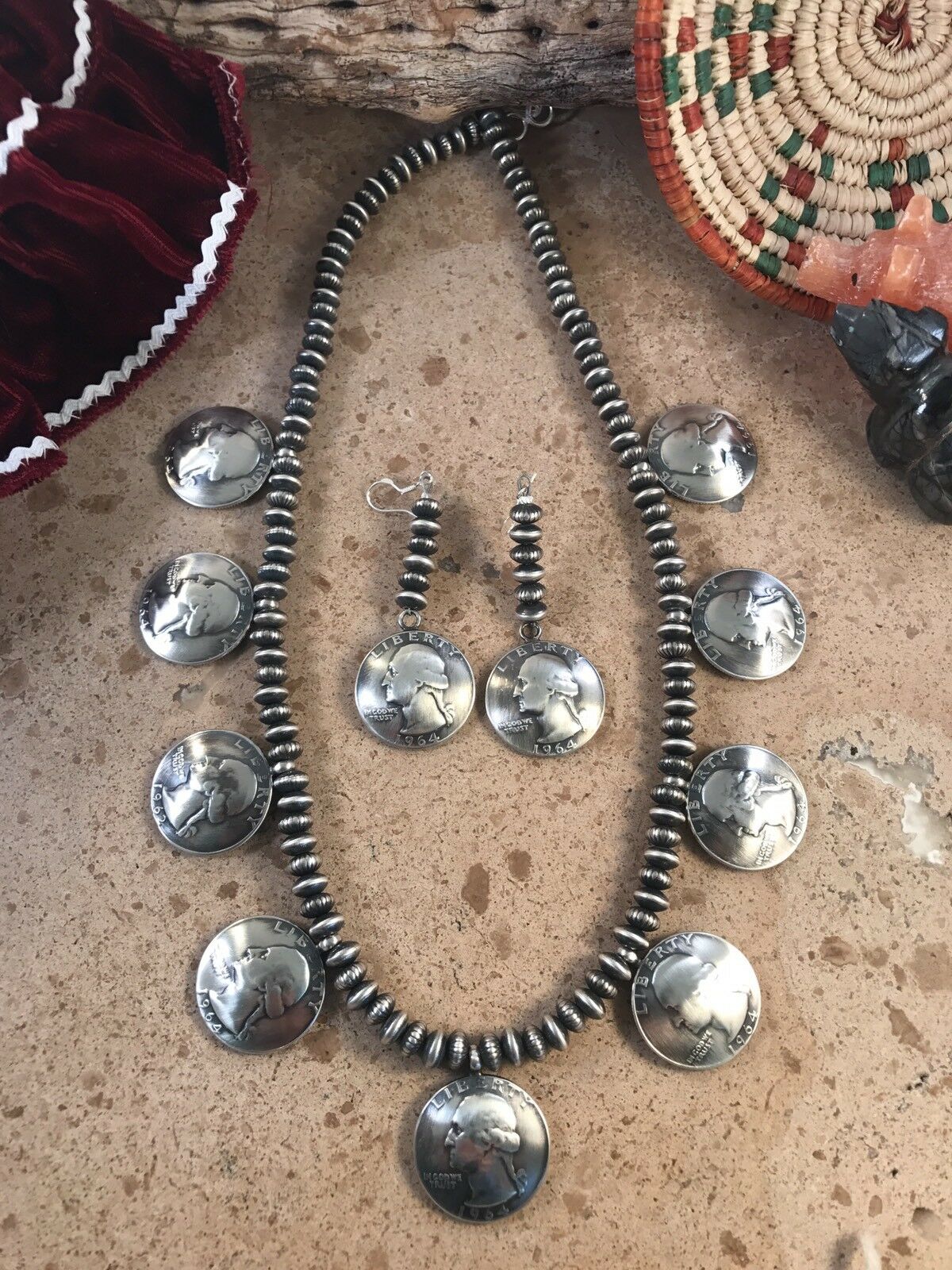 Vintage Navajo Sterling Silver Liberty Quarter Necklace  Earring Set