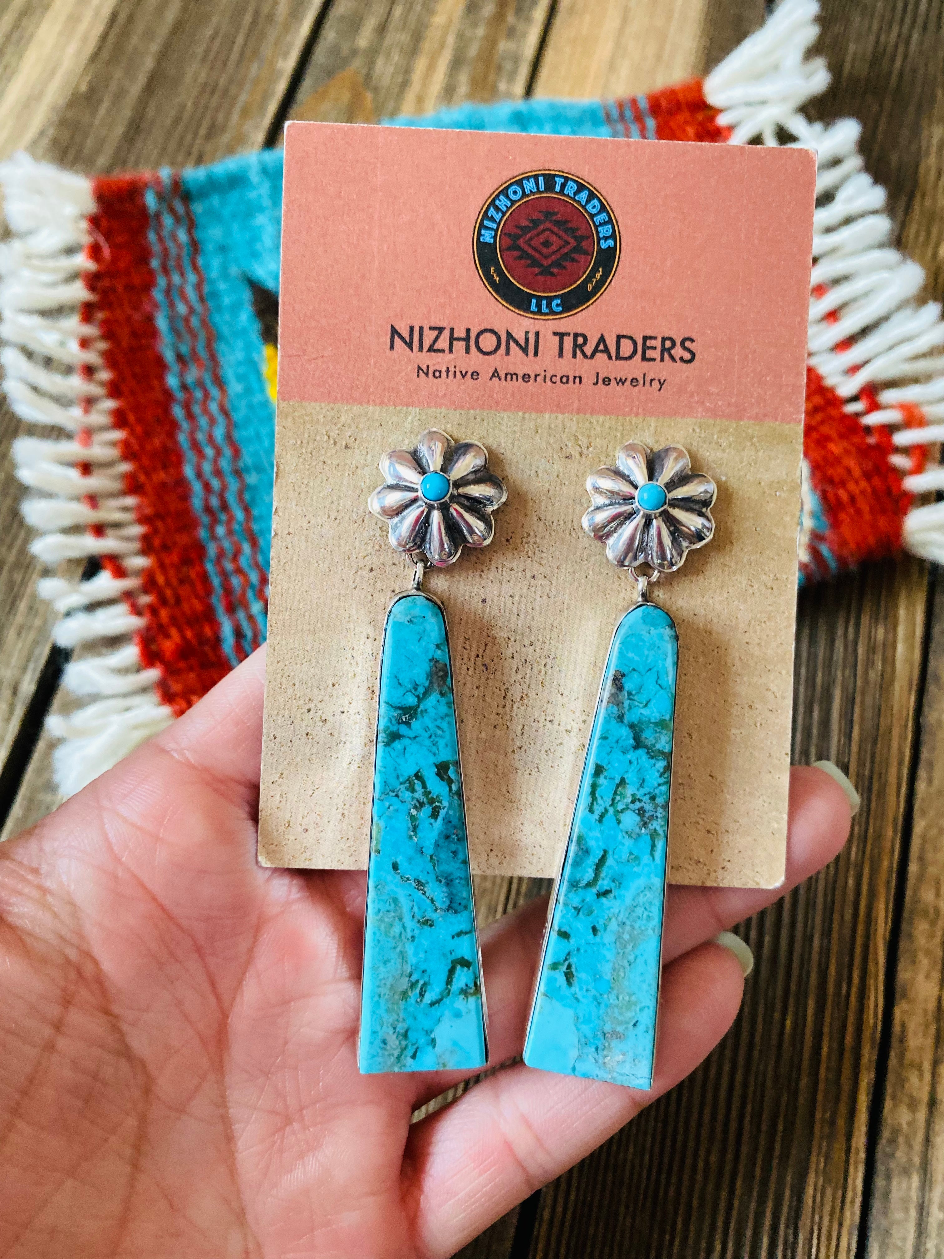 Navajo Sterling Silver & Turquoise Slab Concho Dangle Earrings