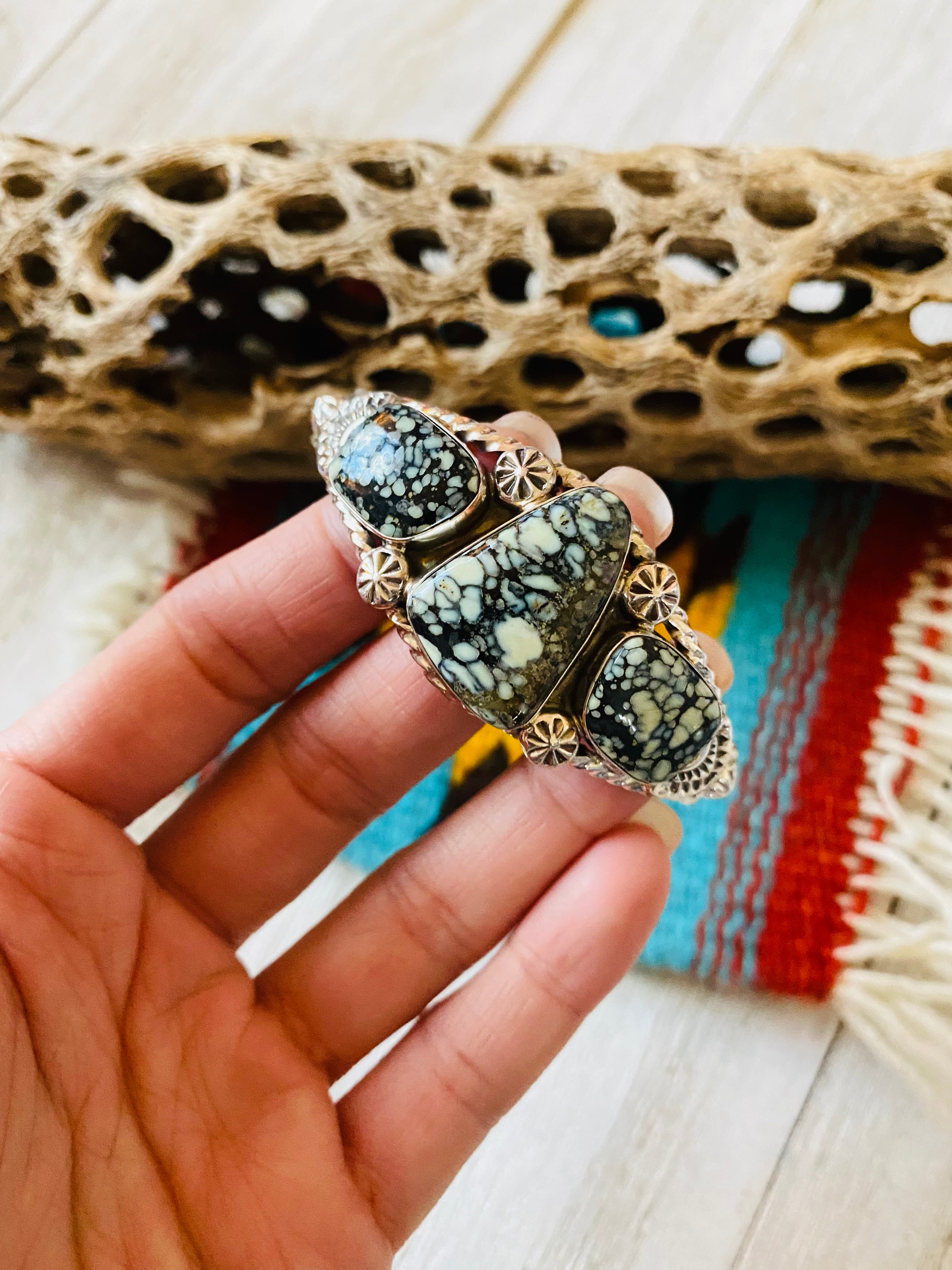 Navajo New Lander Turquoise & Sterling Silver Cuff Bracelet Signed