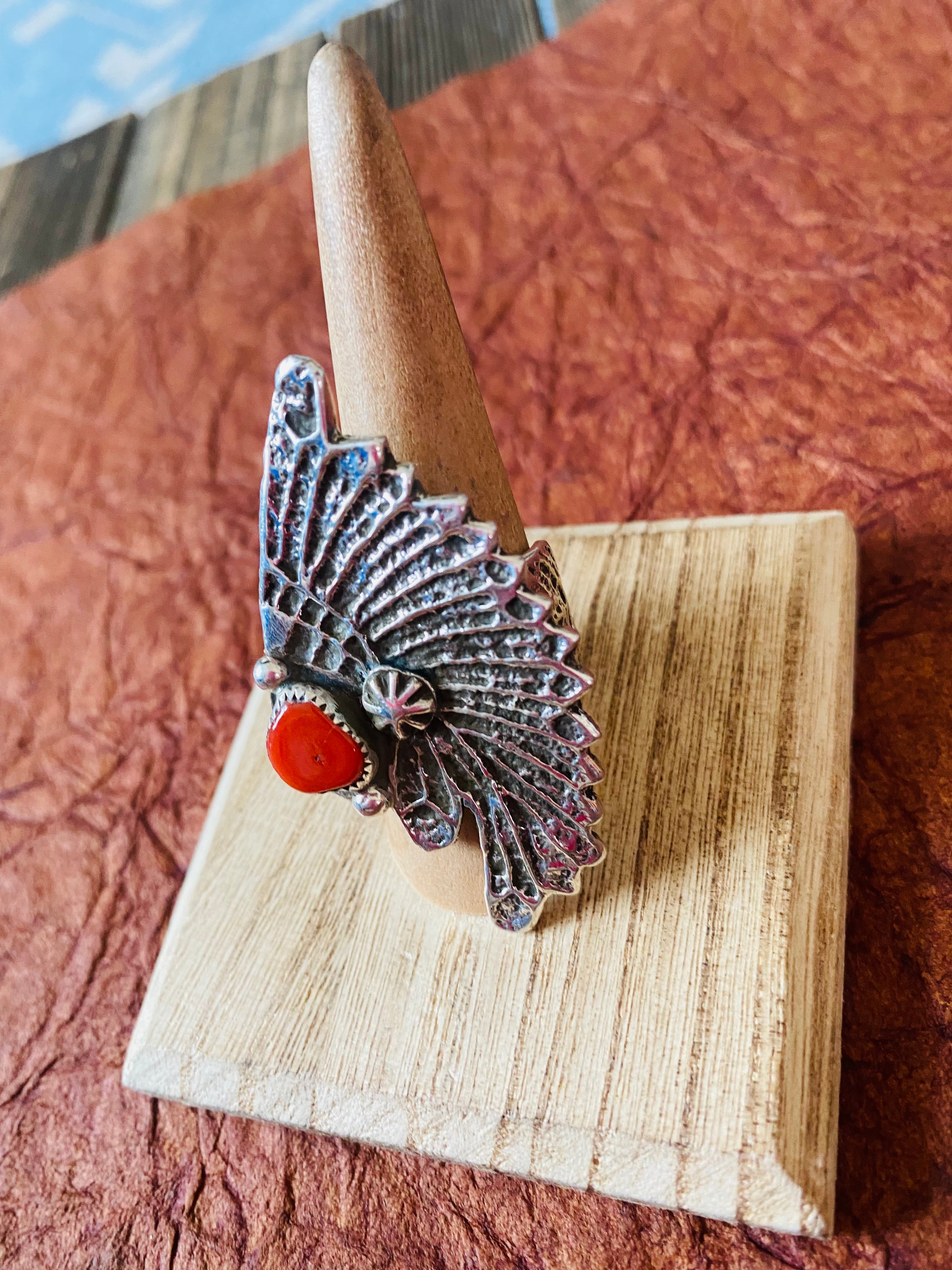 Navajo Coral & Sterling Silver Indian Chief Ring Size 9