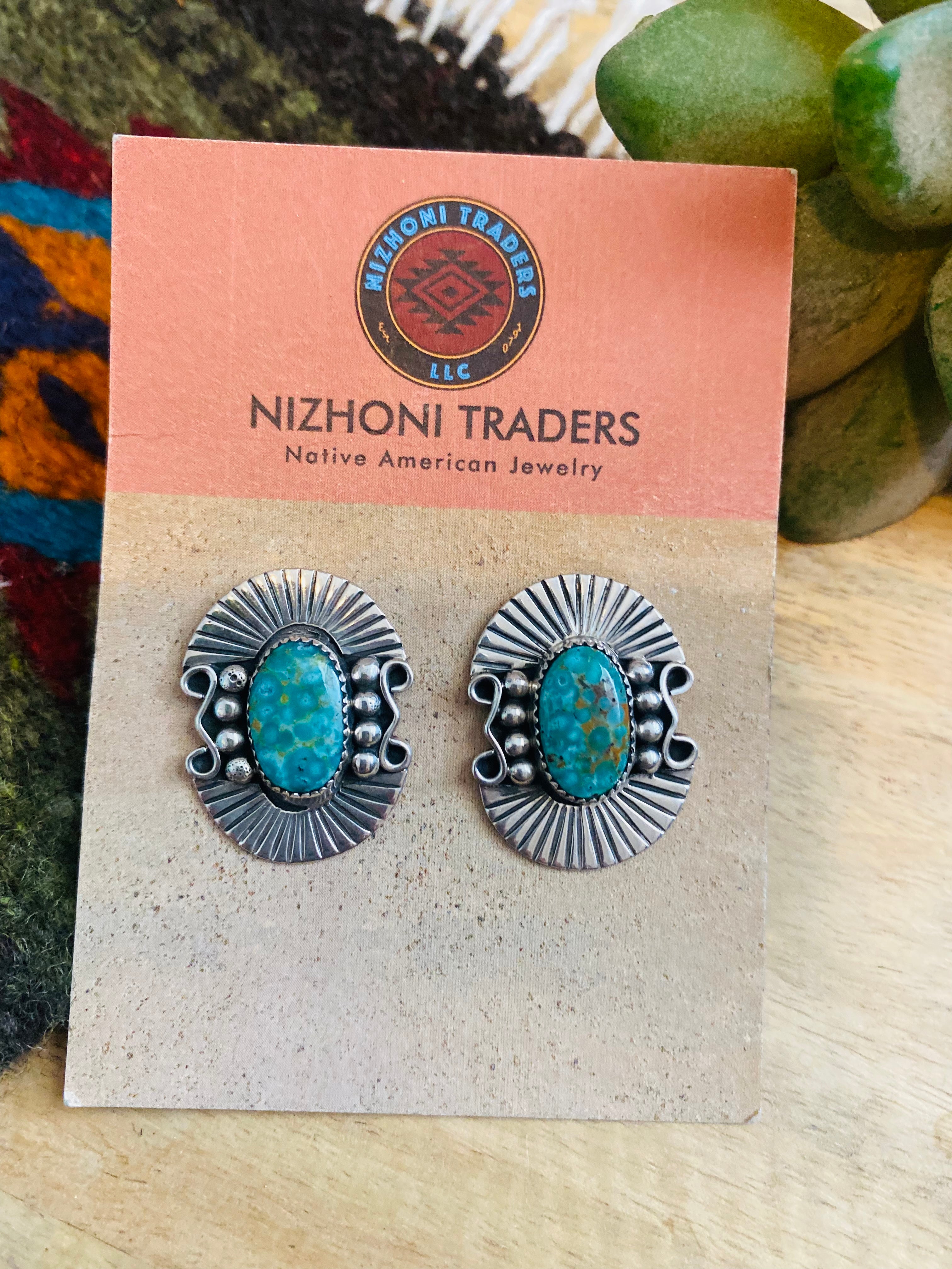 Navajo Sterling Silver & Royston Turquoise Post Earrings Signed