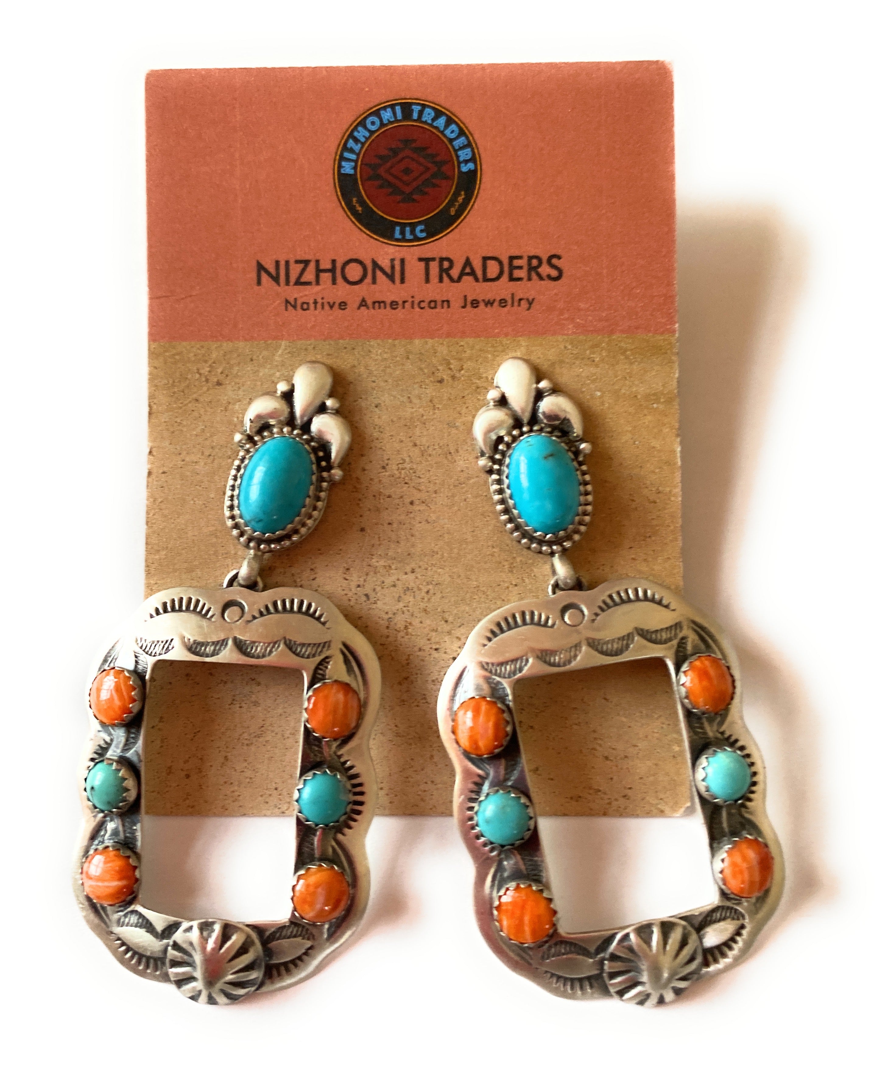 Navajo Turquoise, Spiny & Sterling Silver Concho Dangle Earrings