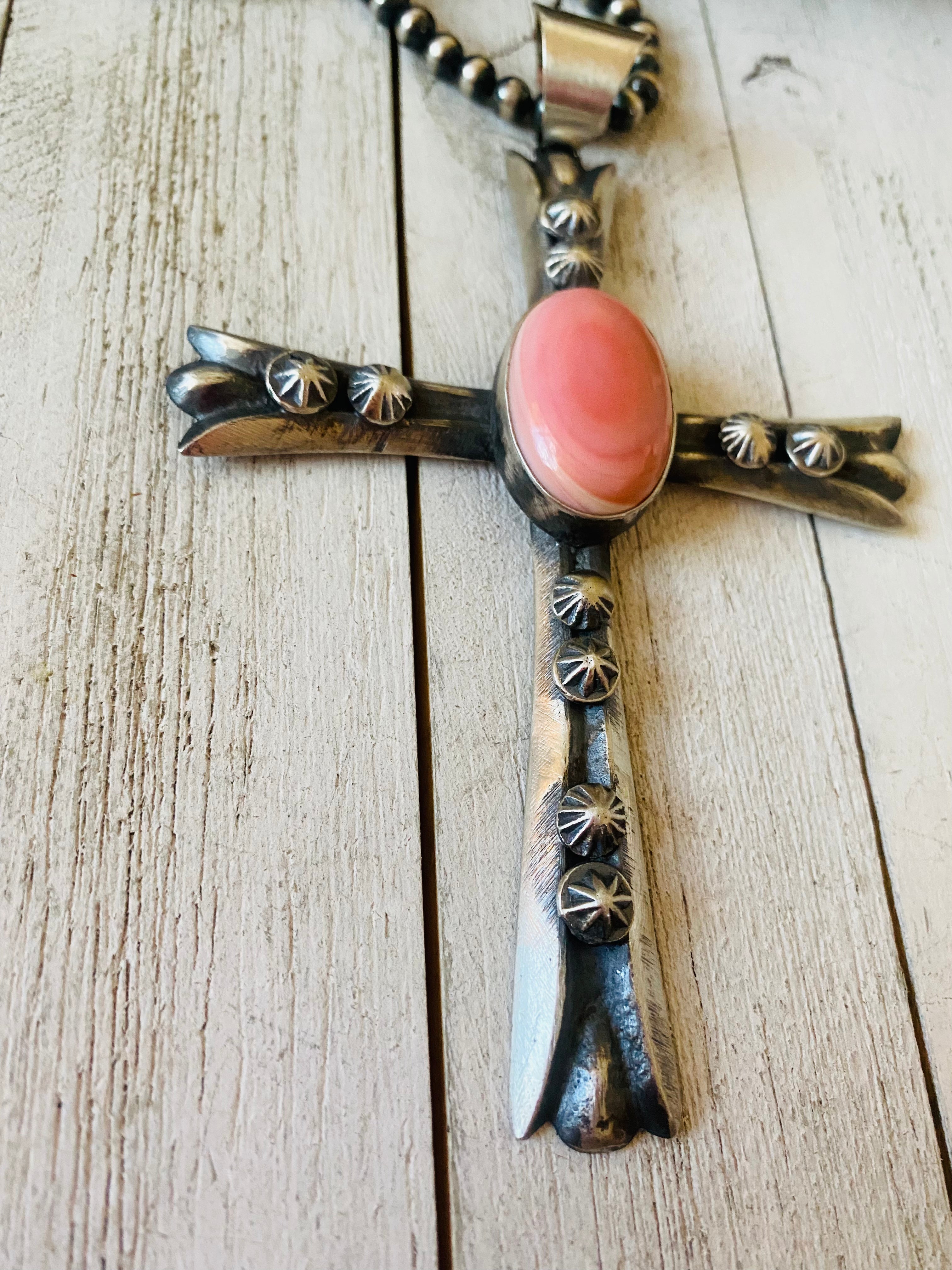 Navajo Queen Pink Conch Shell & Sterling Silver Cross Pendant By Chimney Butte