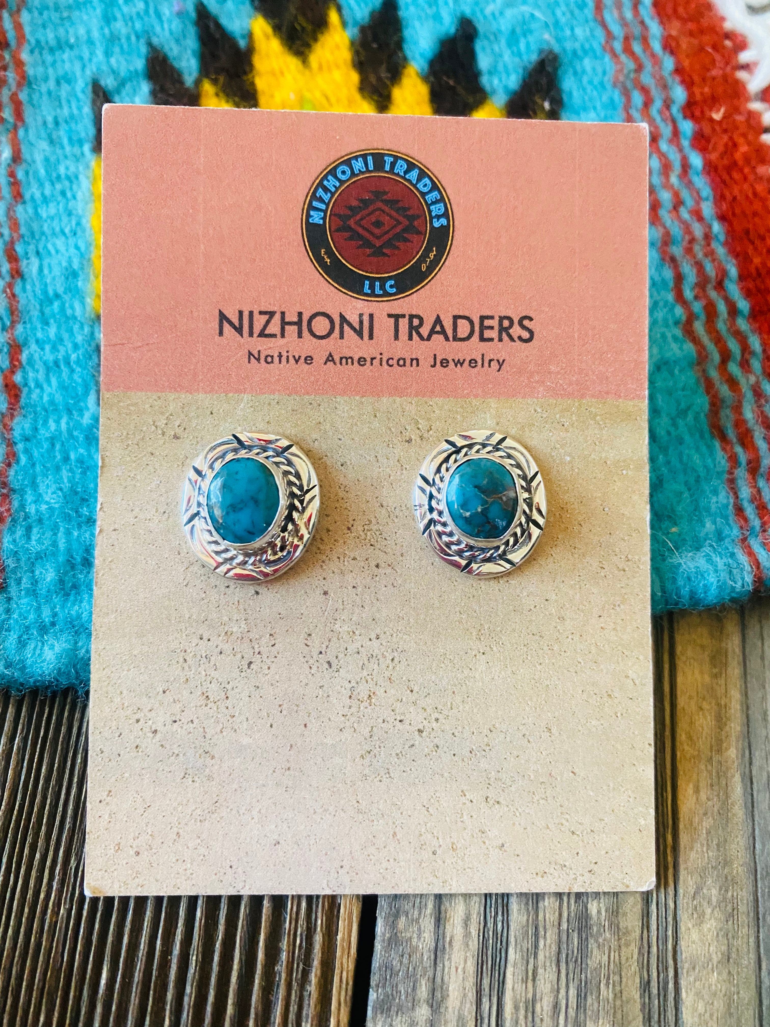 Navajo Kingman Turquoise & Sterling Silver Post Earrings Signed