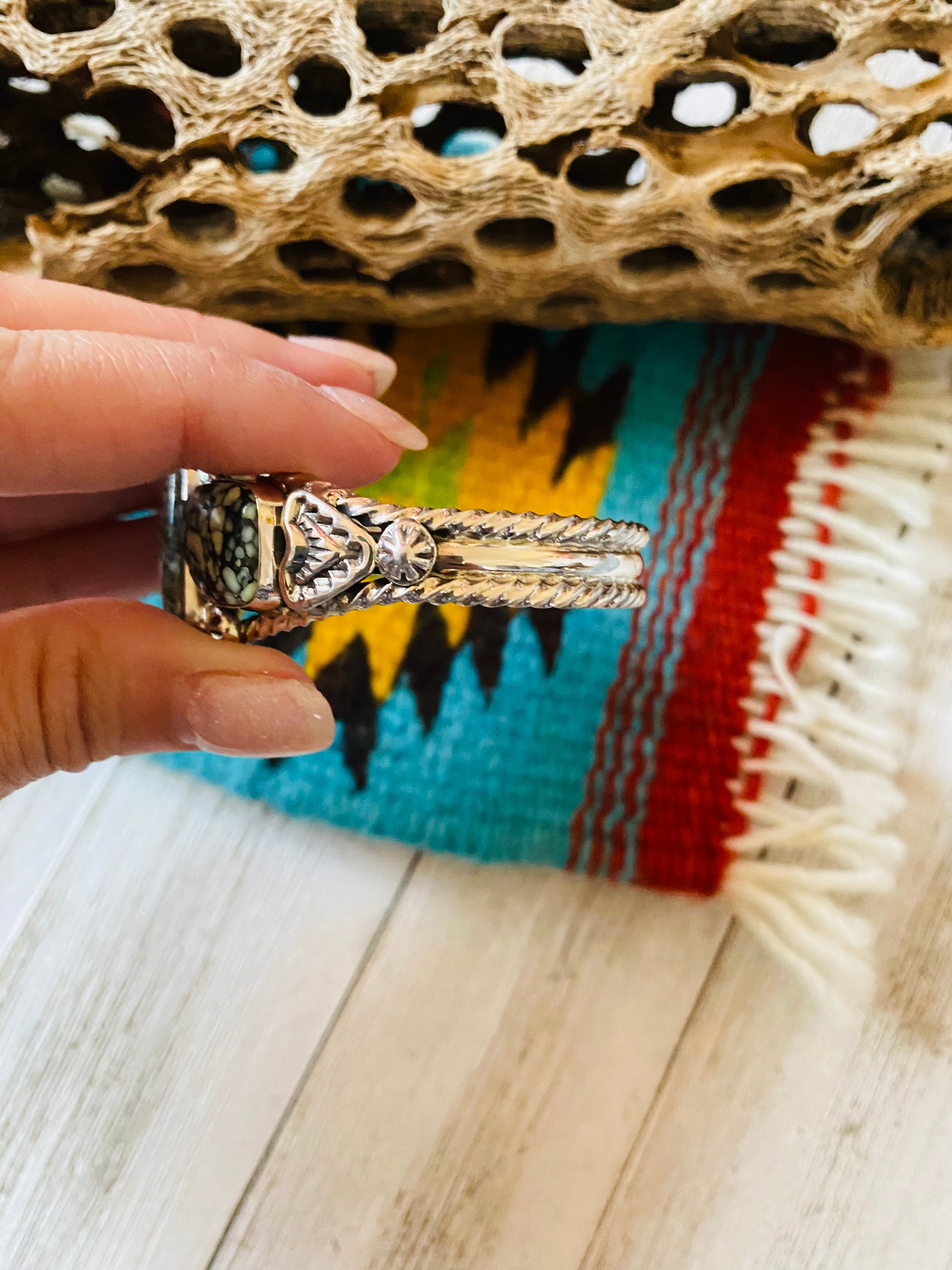 Navajo New Lander Turquoise & Sterling Silver Cuff Bracelet Signed