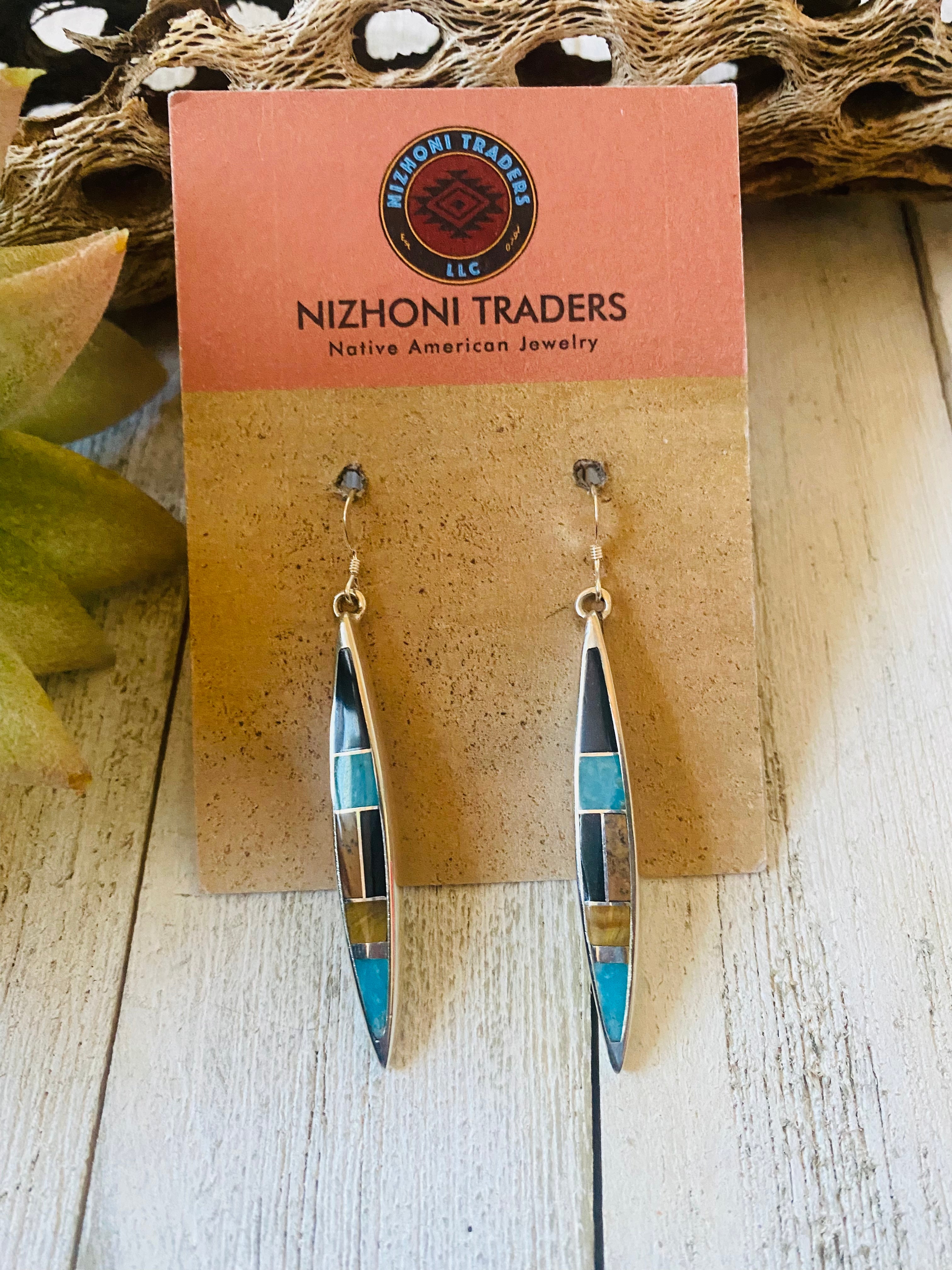 Navajo Multi Stone & Sterling Silver Inlay Dangle Earrings