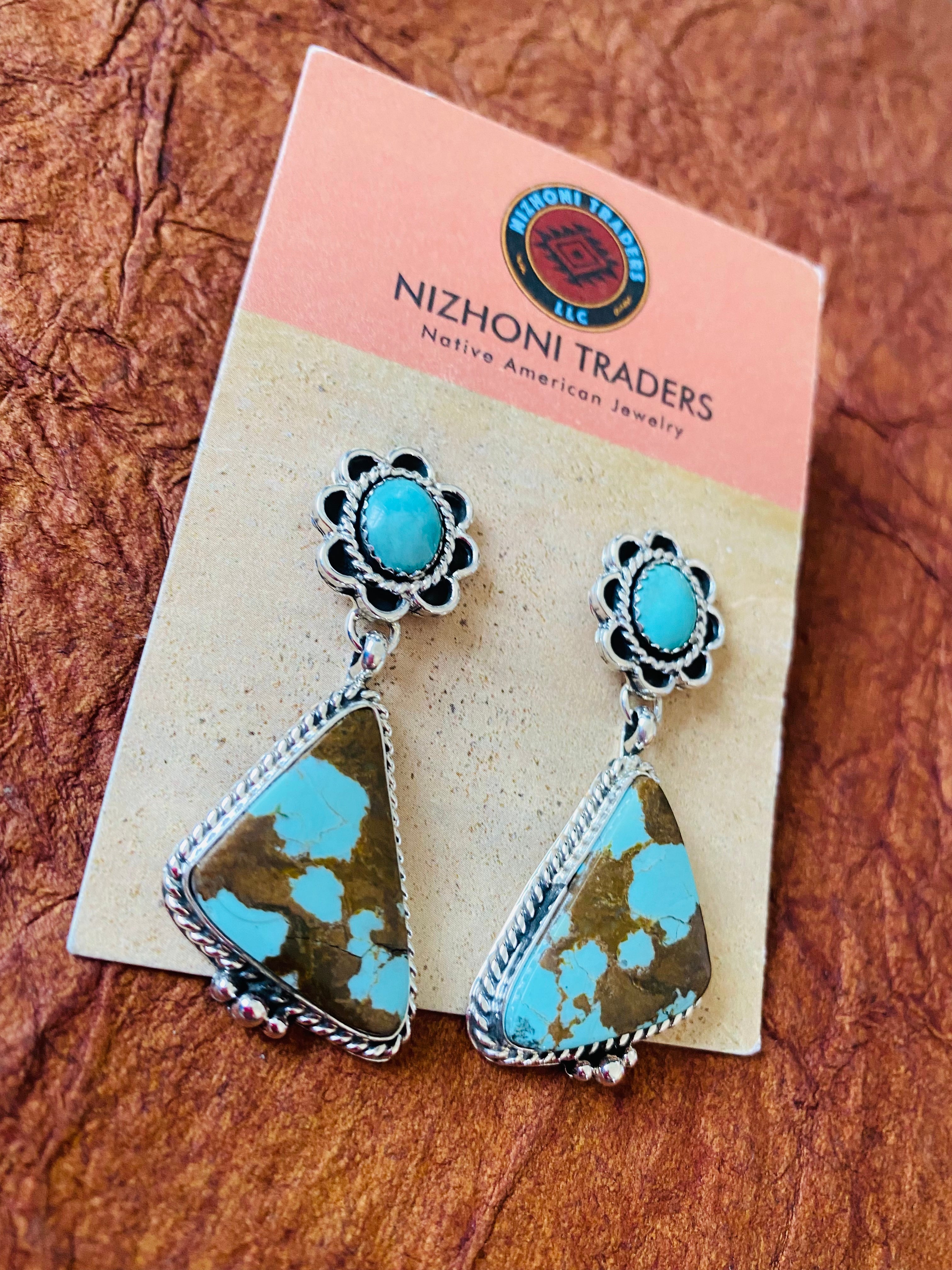 Navajo Number 8 Turquoise & Sterling Silver Flower Dangle Earrings