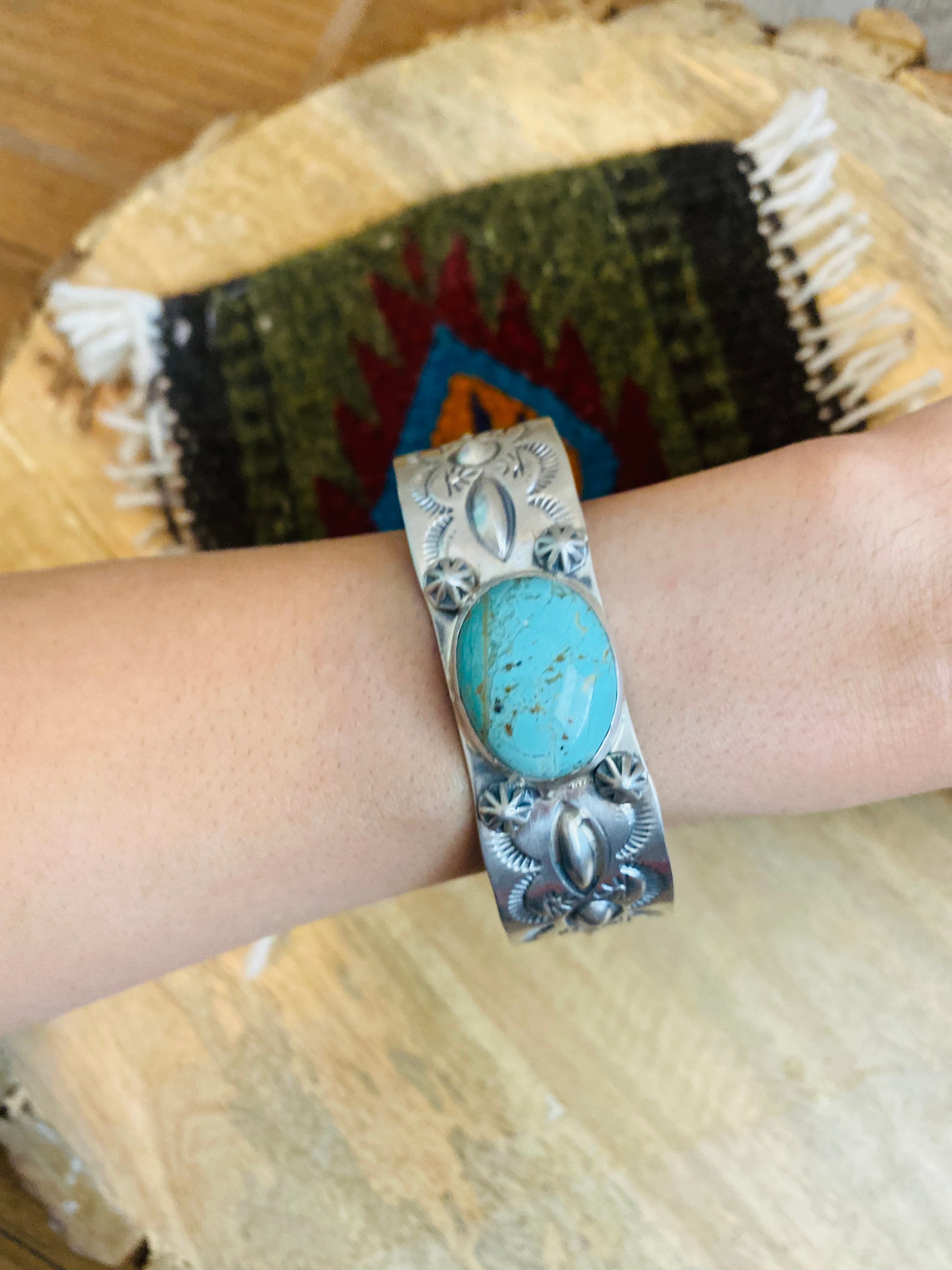 Navajo Sterling Silver & Carico Lake Turquoise Cuff Bracelet Signed