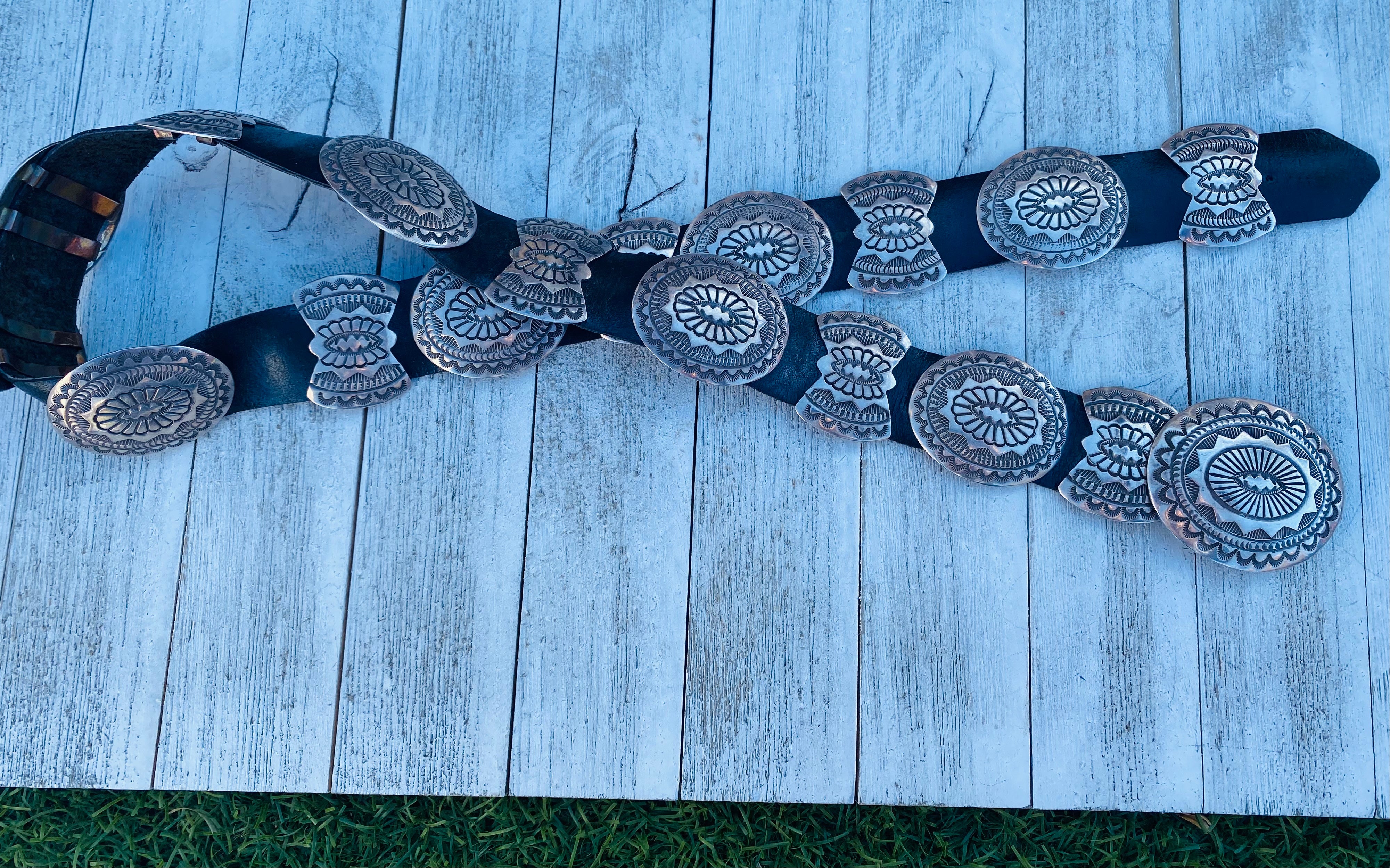 Vintage Navajo Black Leather And Sterling Silver Concho Belt