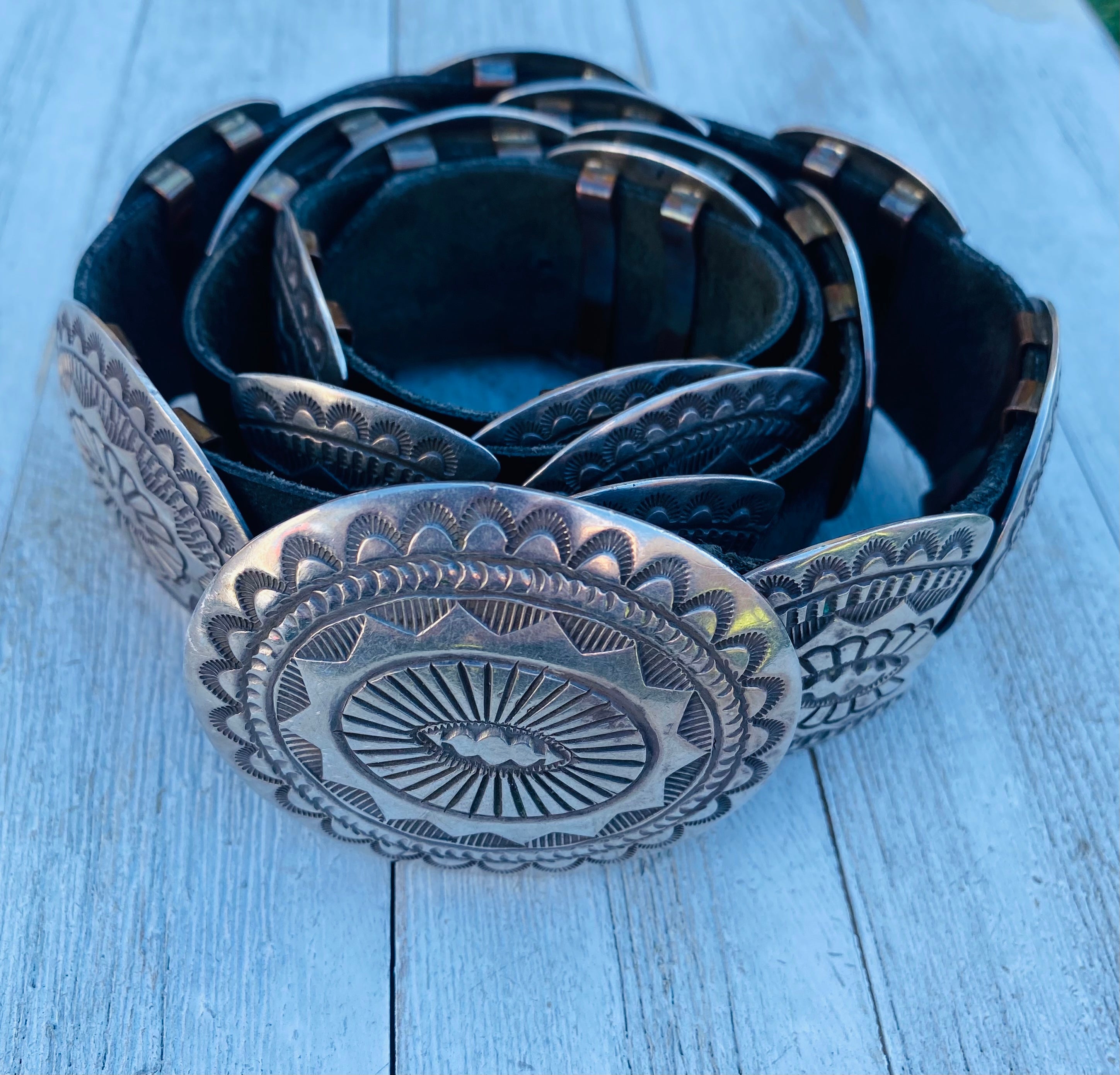 Vintage Navajo Black Leather And Sterling Silver Concho Belt