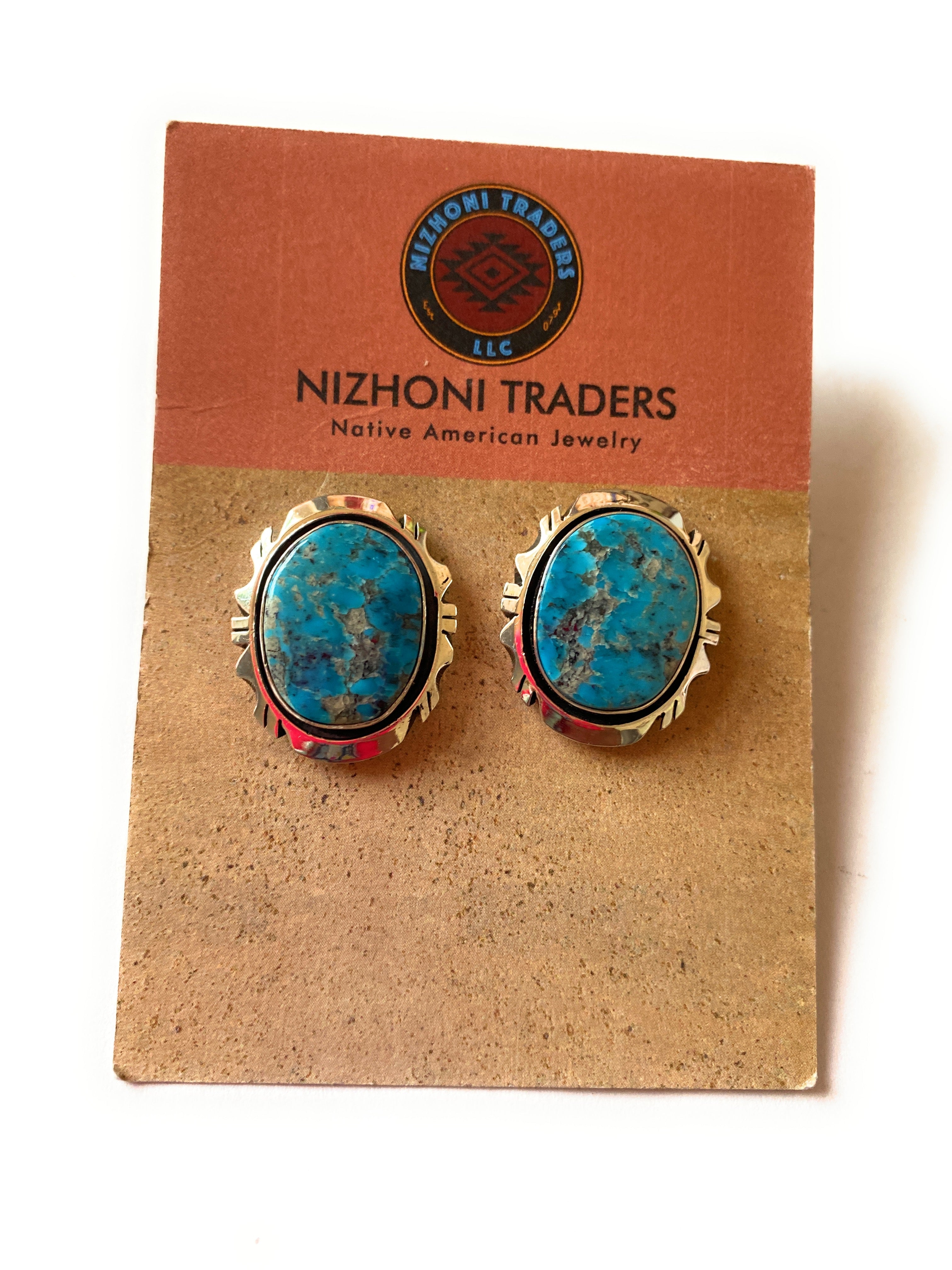 Navajo Kingman Turquoise & Sterling Silver Post Earrings Signed