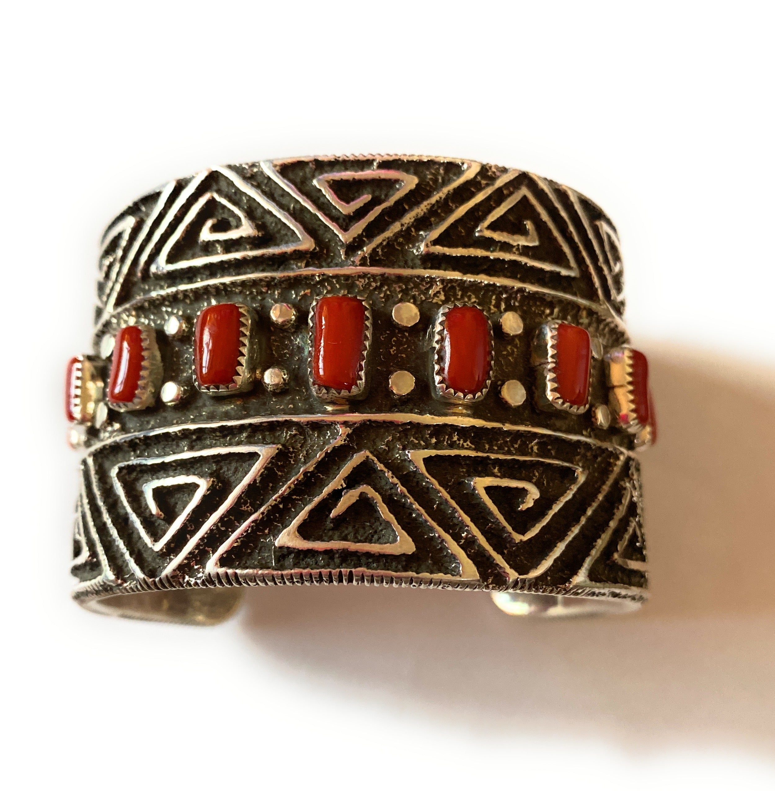 Navajo Coral & Sterling Silver Cuff Bracelet By Steve Arviso