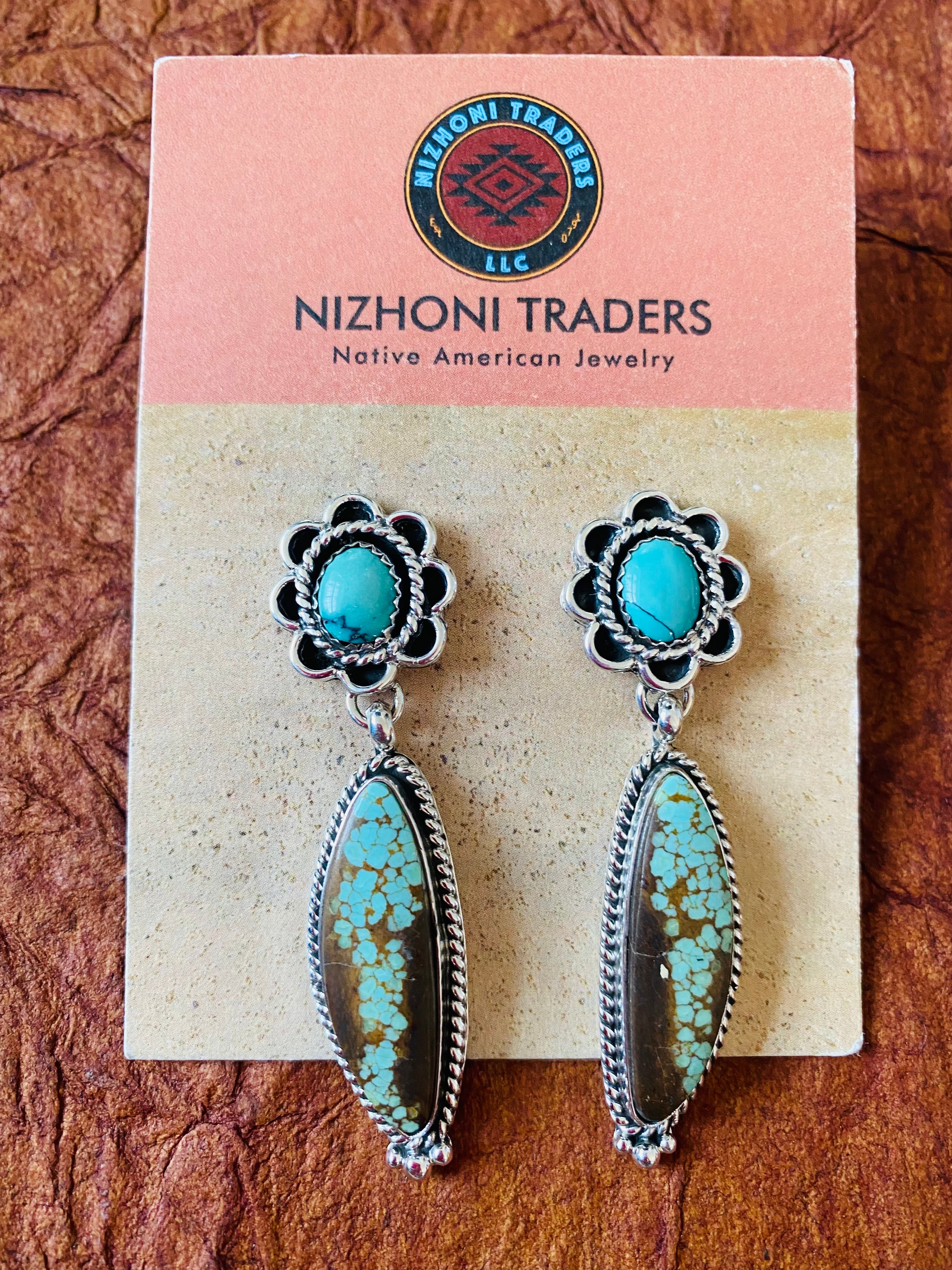 Navajo Number 8 Turquoise & Sterling Silver Flower Dangle Earrings