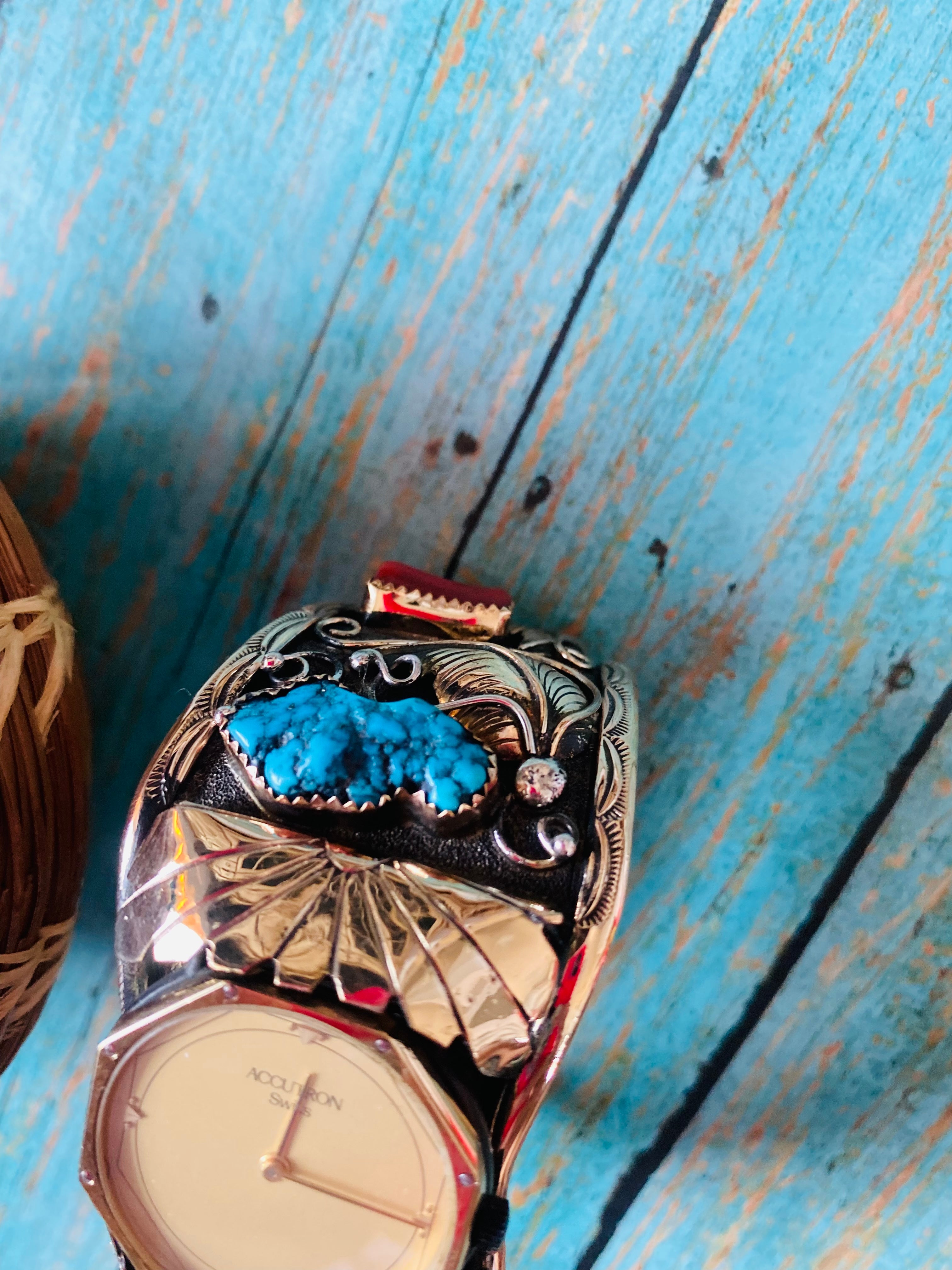 Old Pawn Vintage Navajo Coral, Turquoise & Sterling Silver Watch Cuff