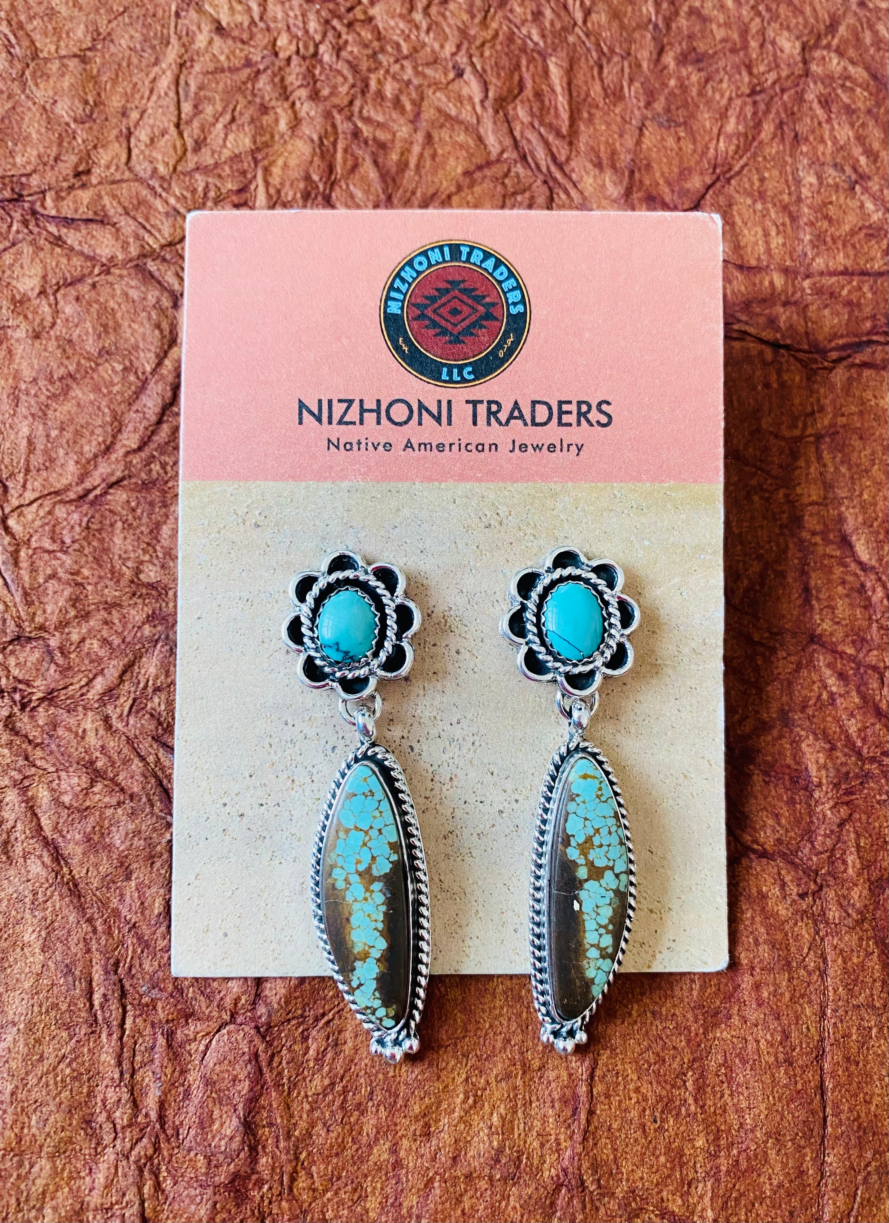 Navajo Number 8 Turquoise & Sterling Silver Flower Dangle Earrings