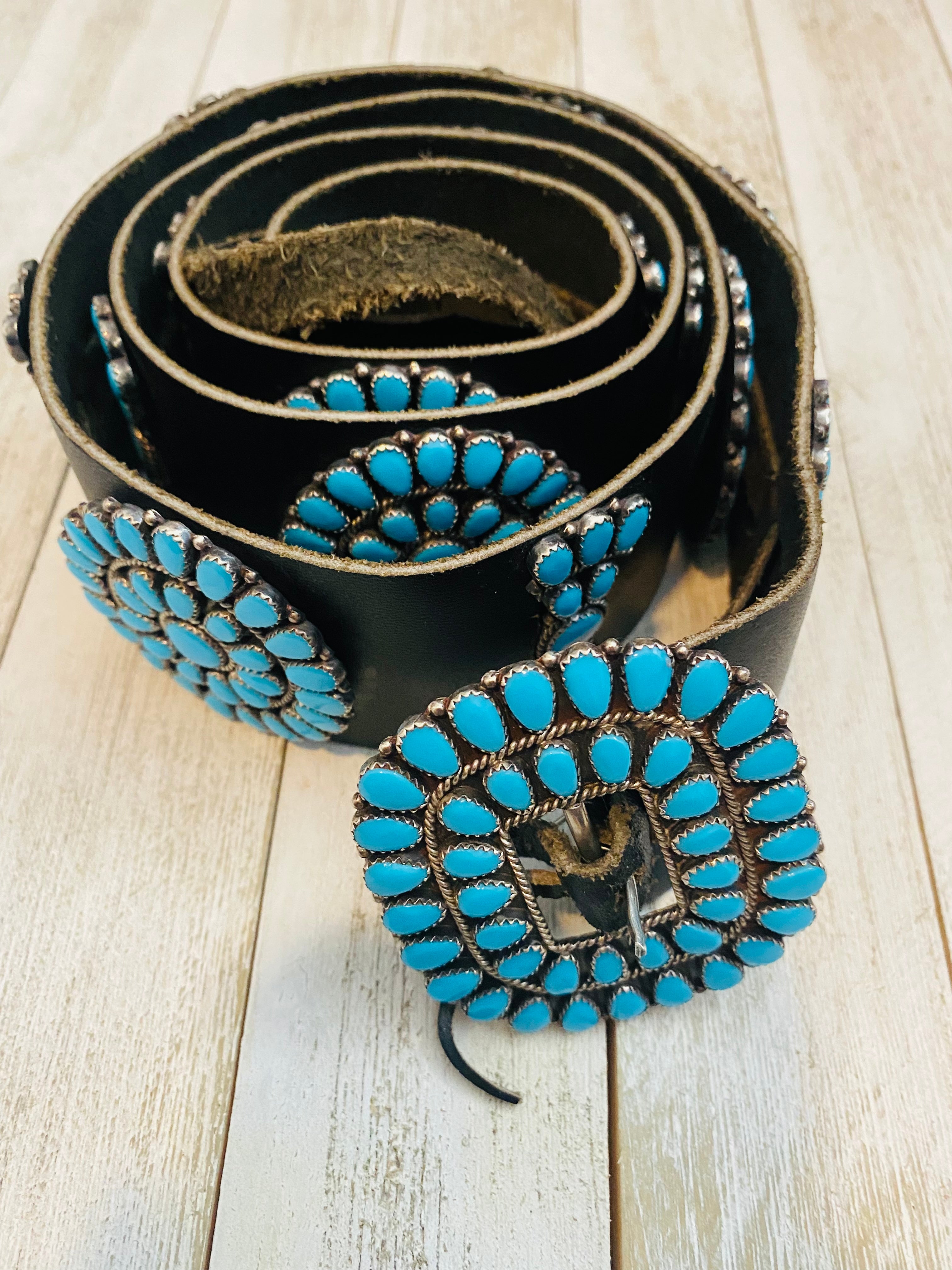 Vintage Navajo Black Leather And Sterling Silver Turquoise Cluster Belt