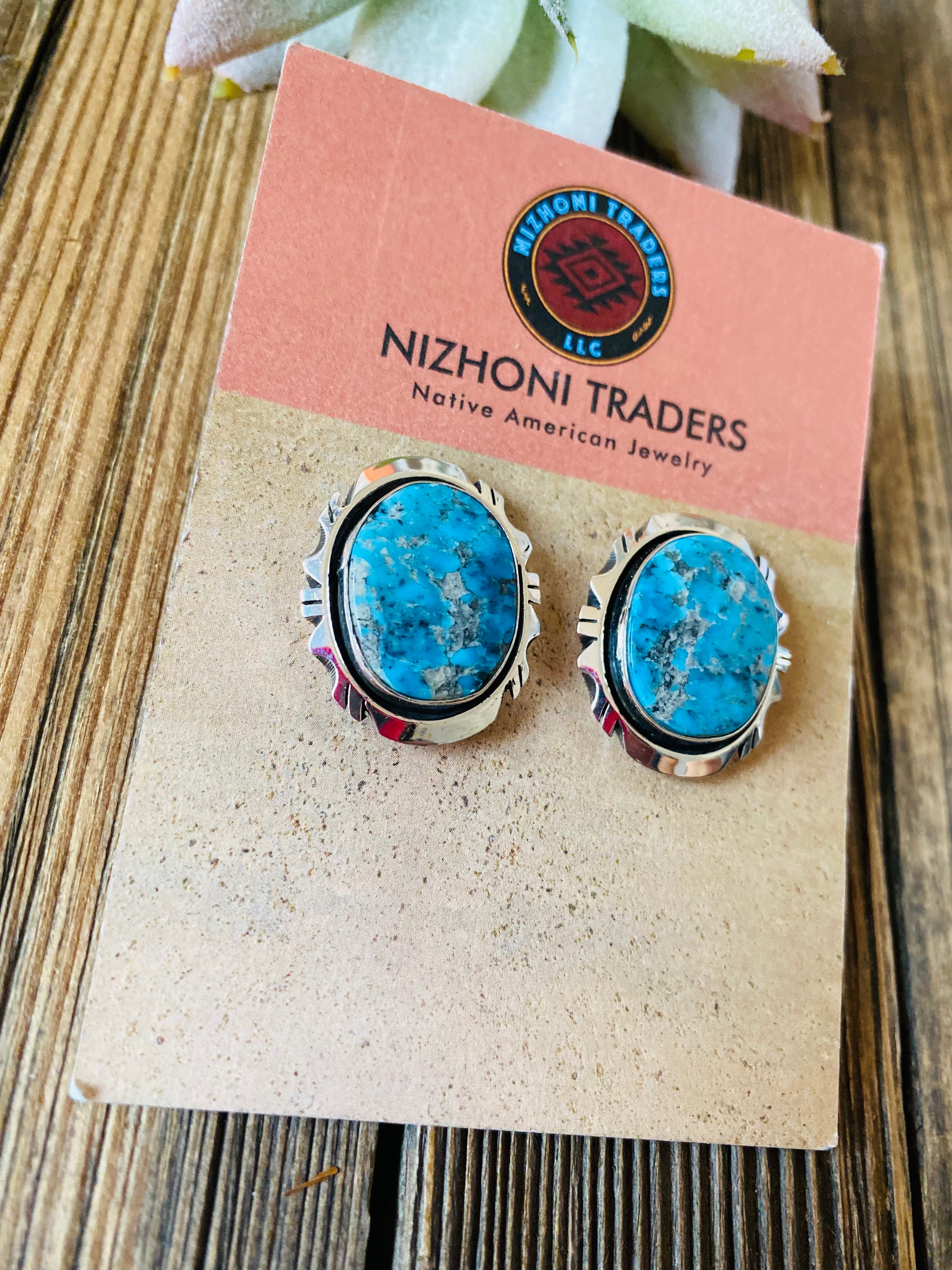 Navajo Kingman Turquoise & Sterling Silver Post Earrings Signed