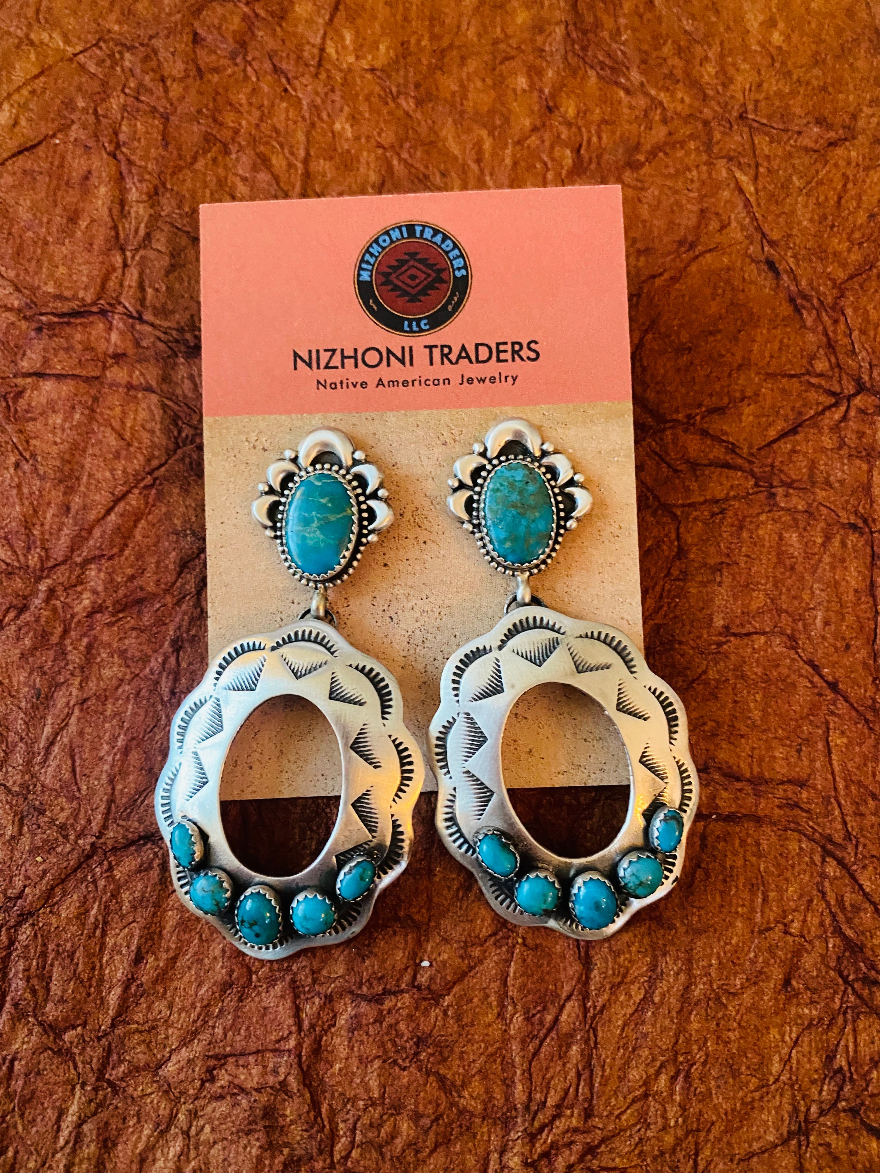 Navajo Sterling Silver & Turquoise Concho Dangle Earrings