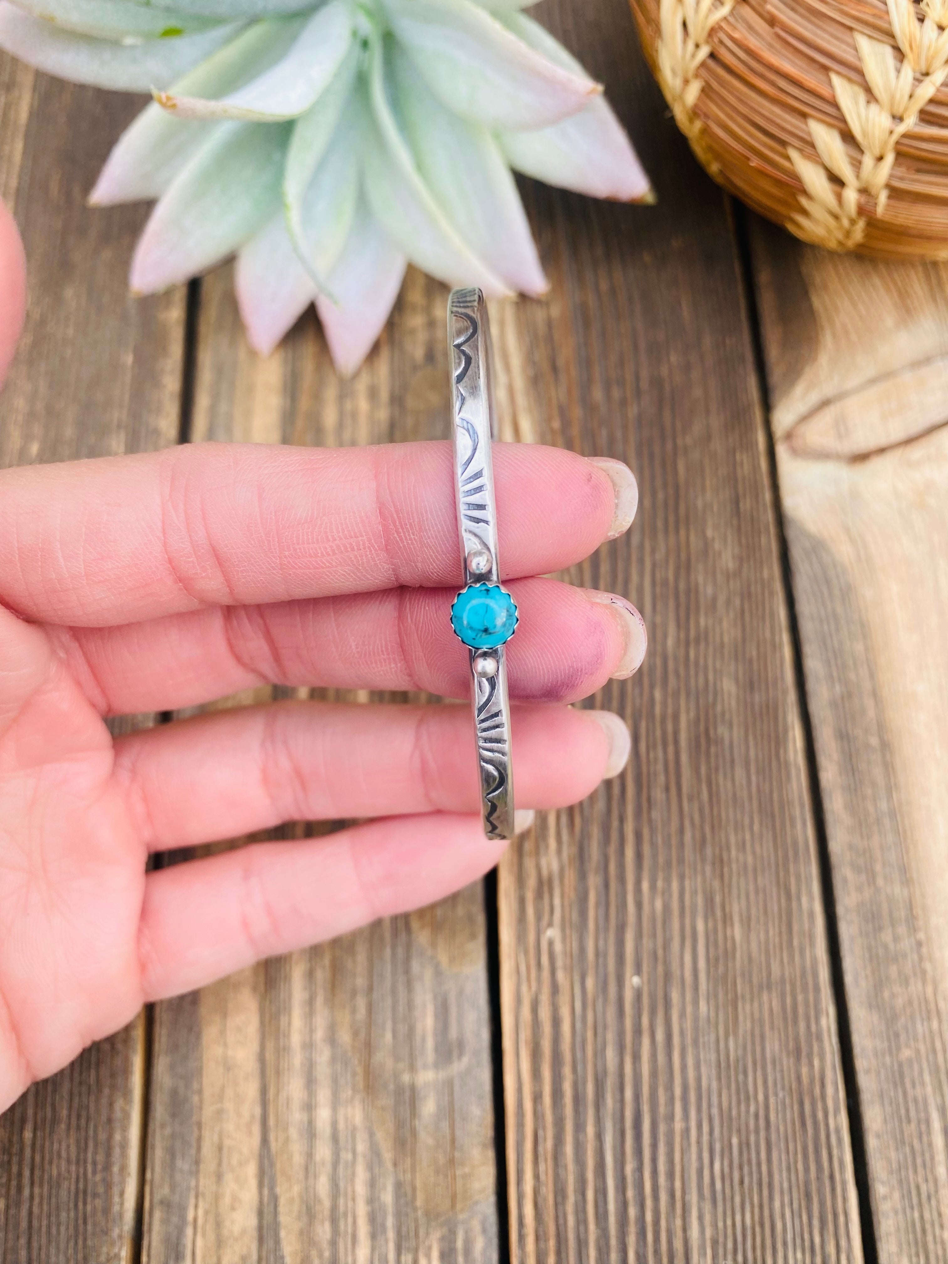 Navajo Sterling Silver & Turquoise Stacker Cuff Bracelet Signed